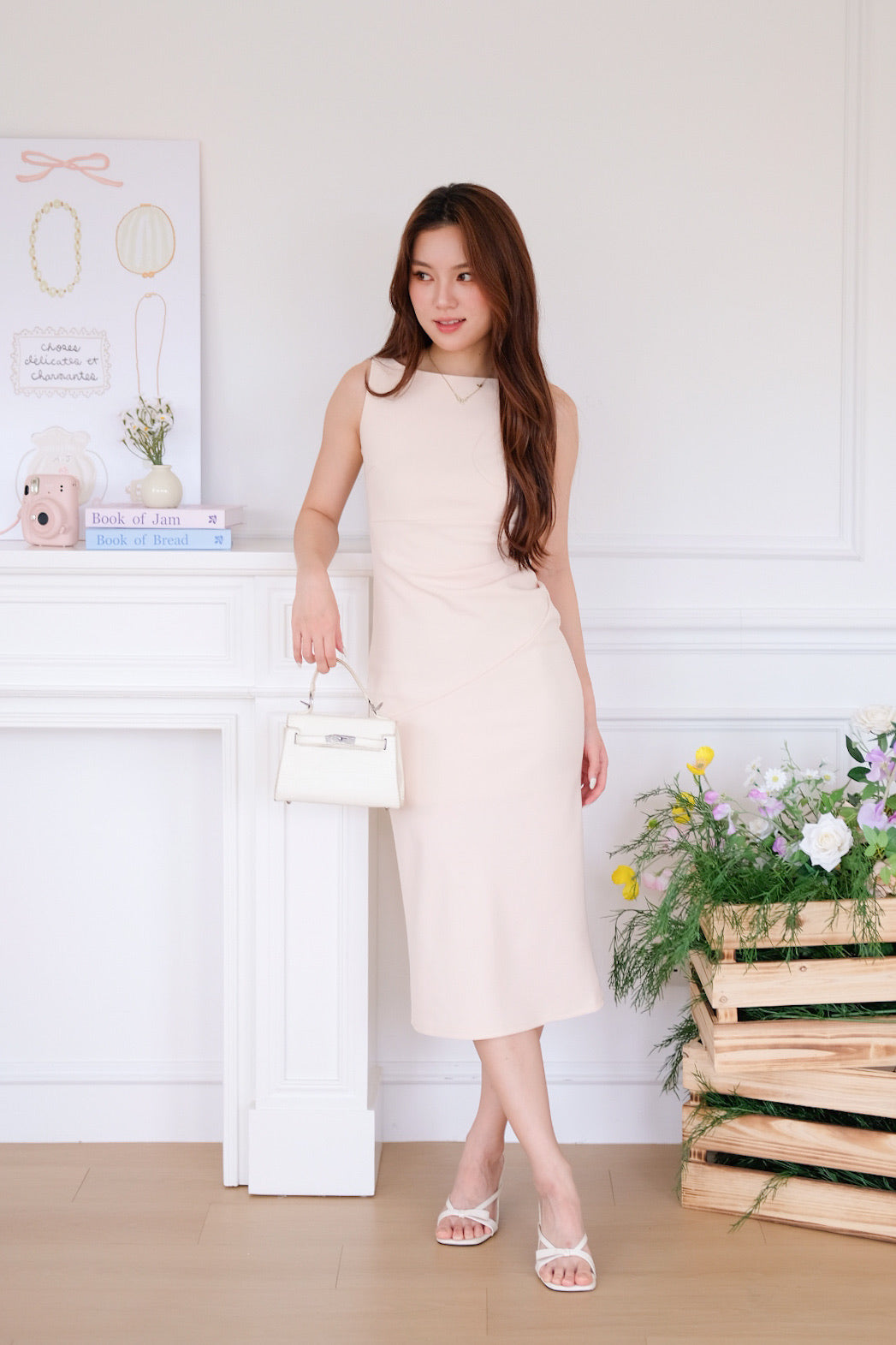 Felicia Boatneck Ruched Maxi Dress (Warm Beige)