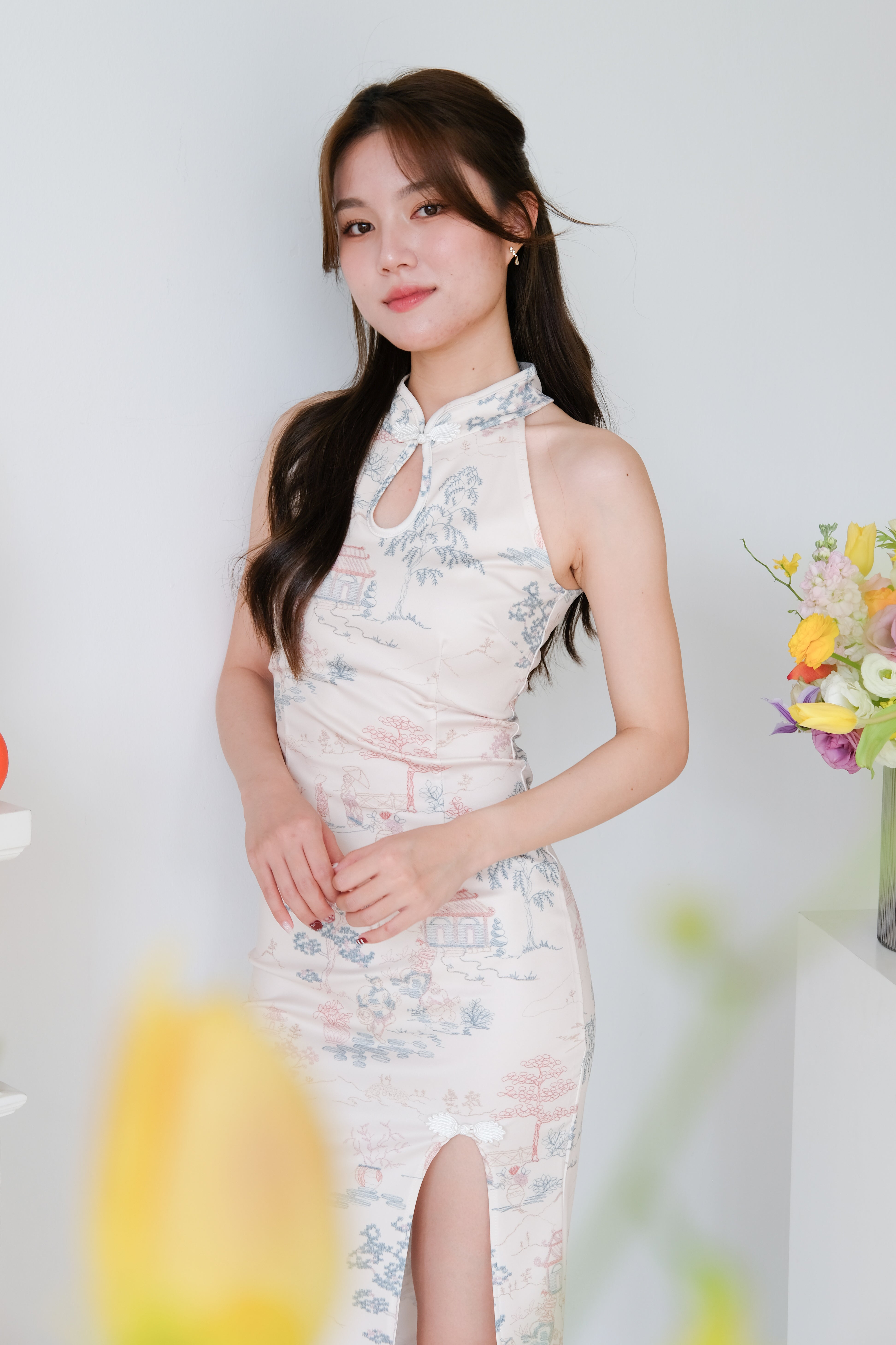 Jing Halter Slit Midi Cheongsam (Cream)