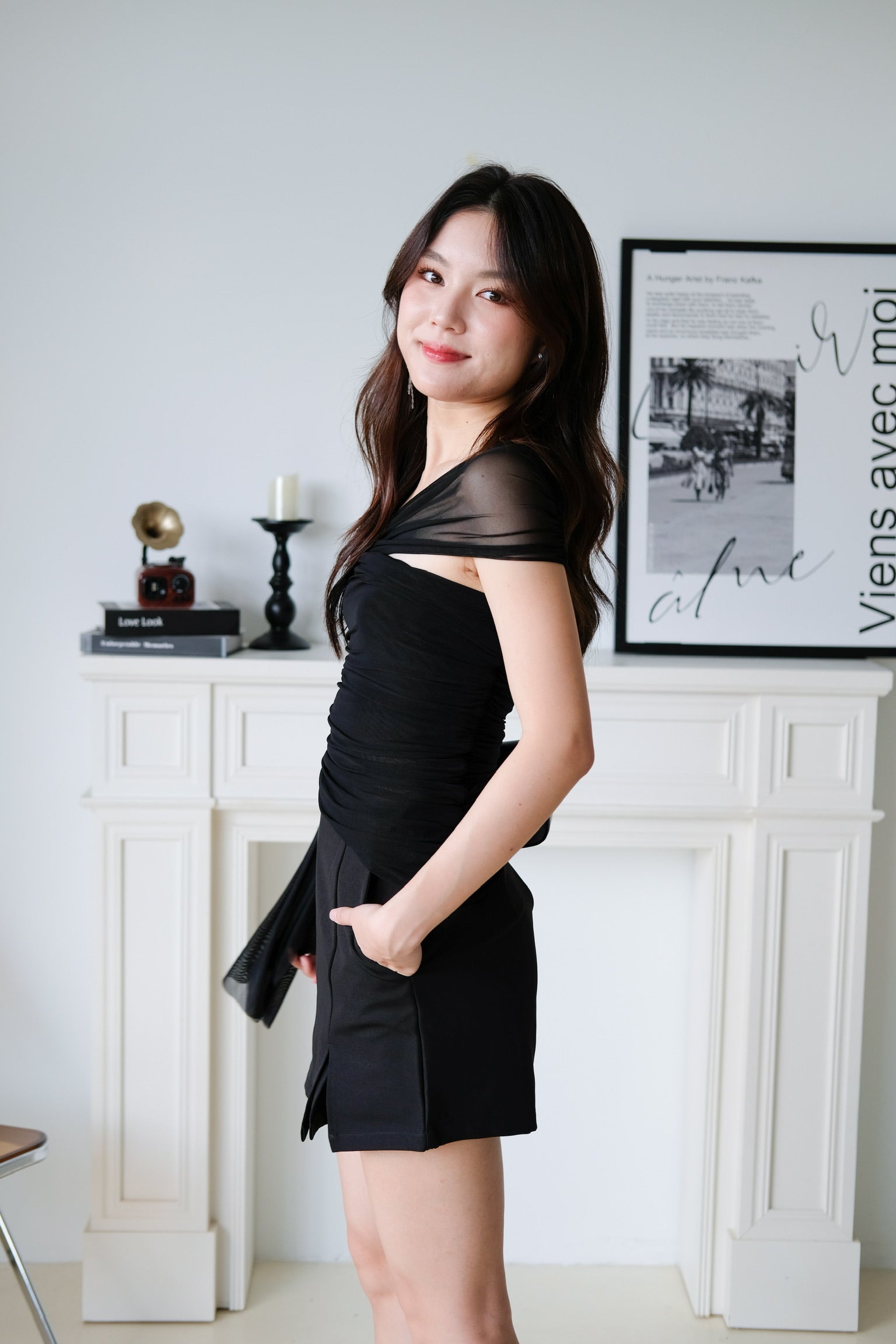 Vesper Toga Bodycon Chiffon Top (Black)