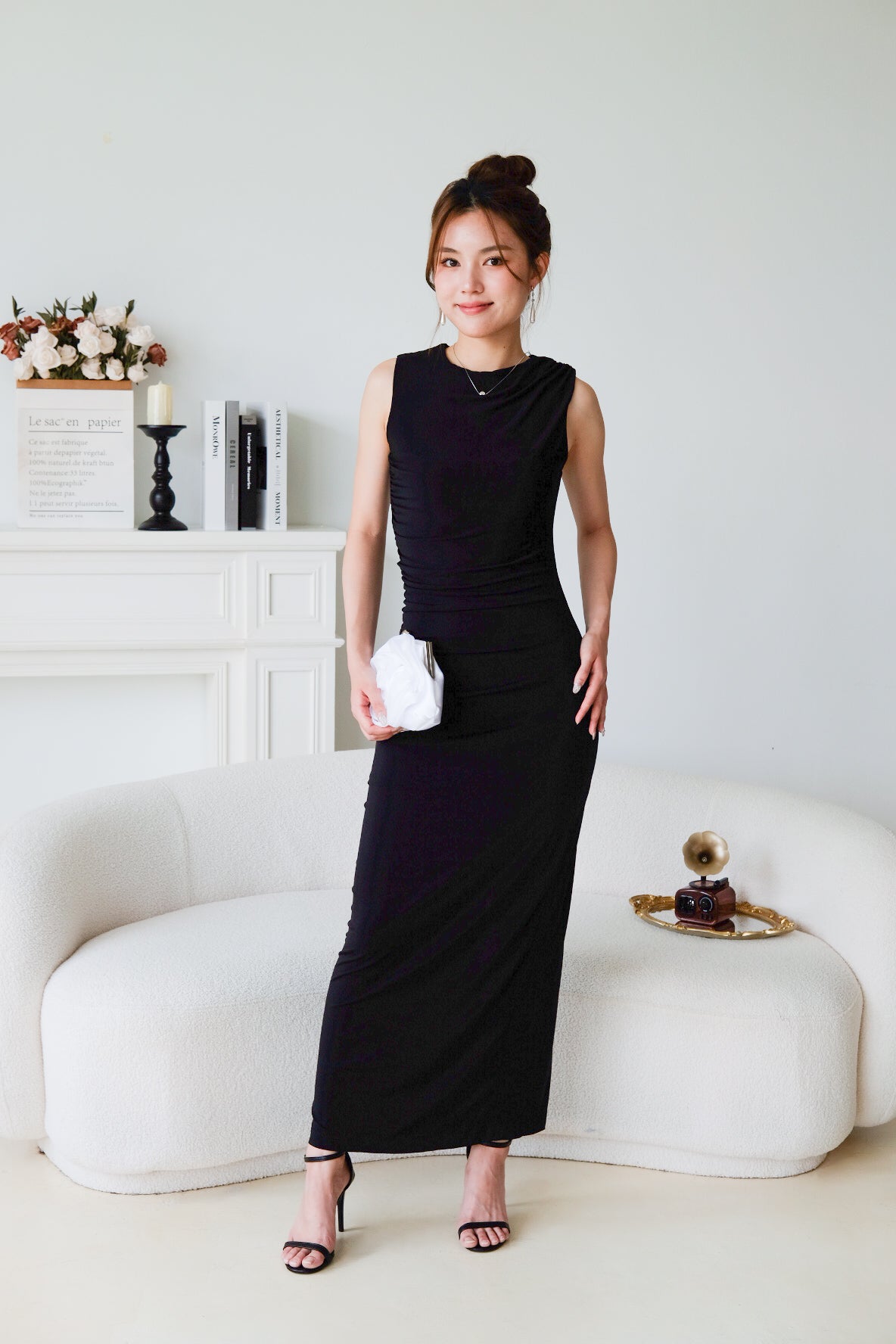 Paisley Ruched Jewel Bodycon Dress (Black)