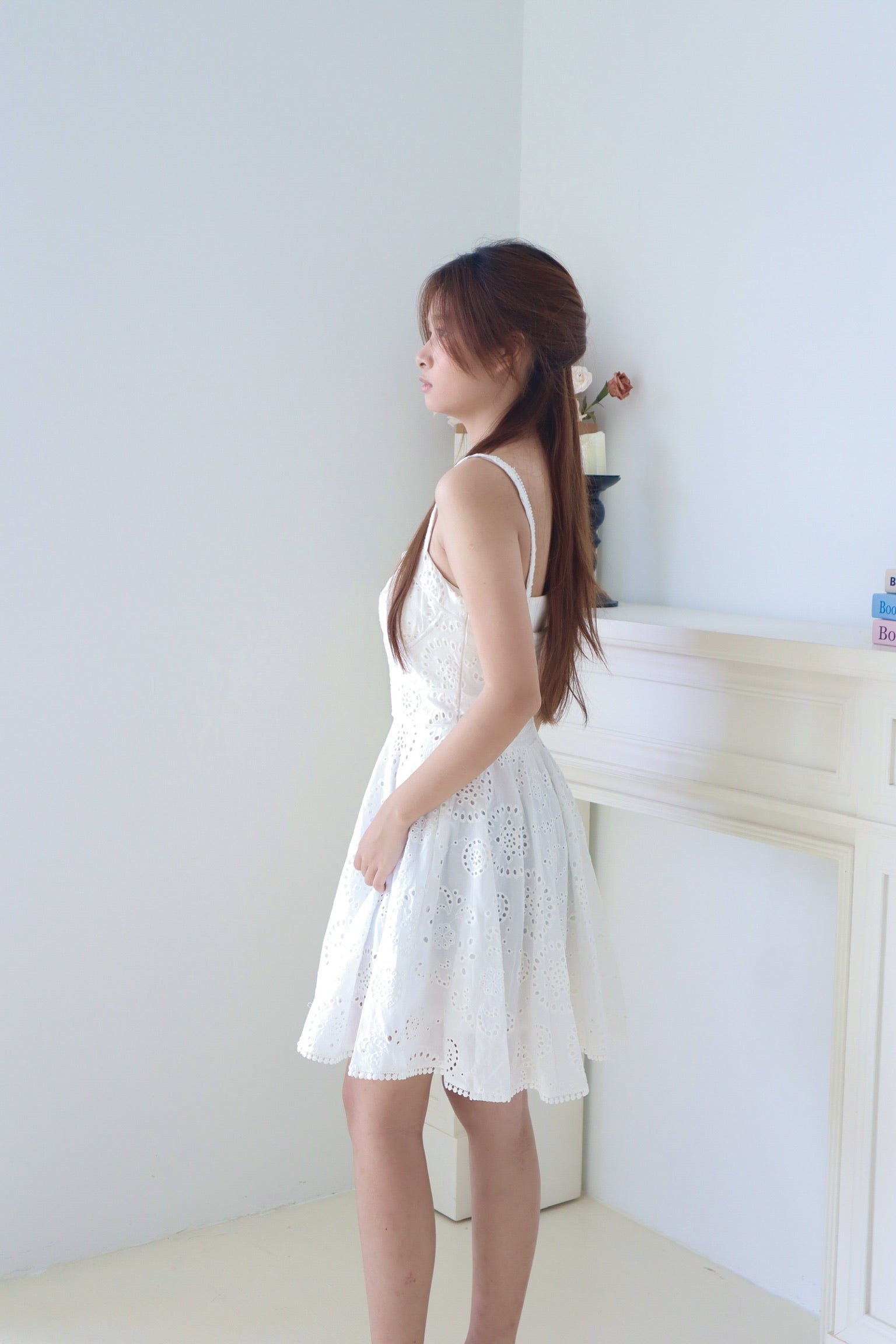 White Eyelet Embroidered Strap Dress