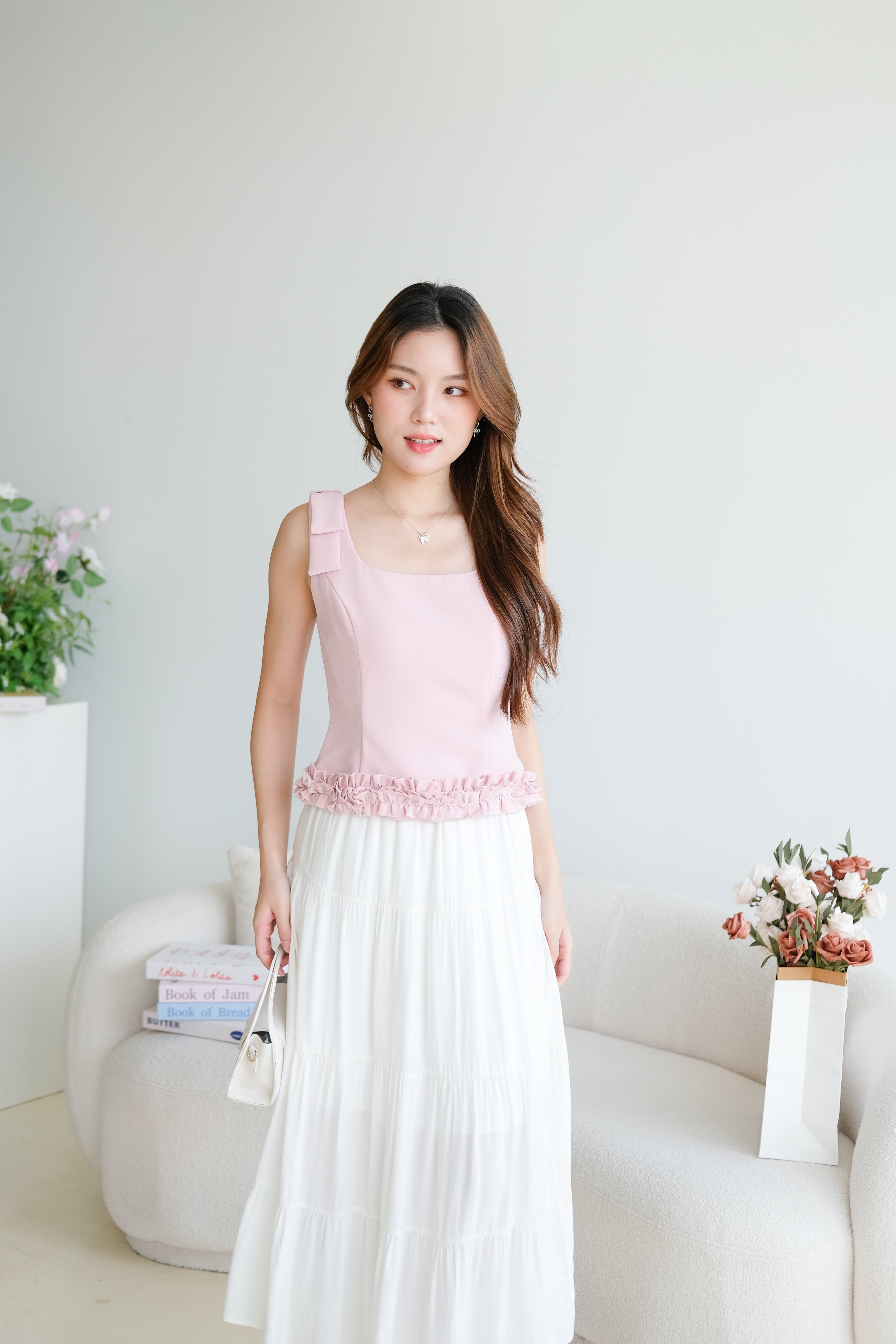 Cecilia Bow Straps Ruffle Top (Dusty Pink)