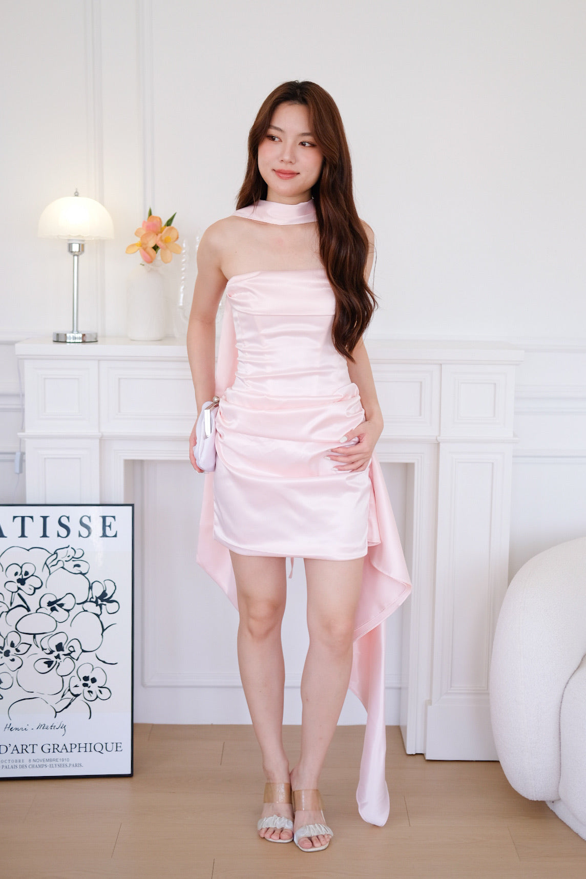 Gabriella Ruched Tube Satin Mini Dress (Light Pink)