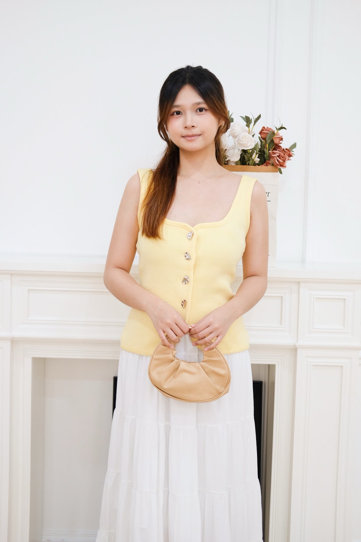 Yellow Sleeveless Gold Button Top