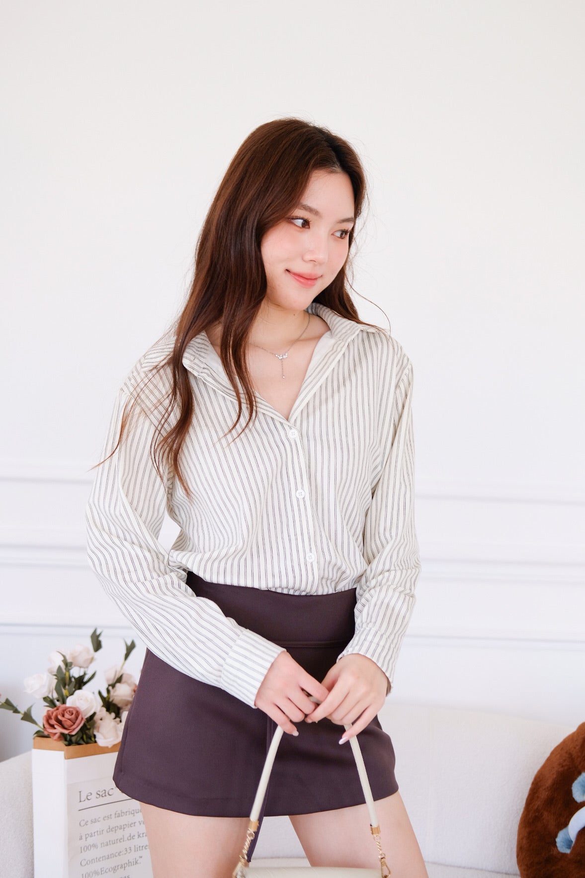 Henley Pinstripe Suede Shirt (Cream)