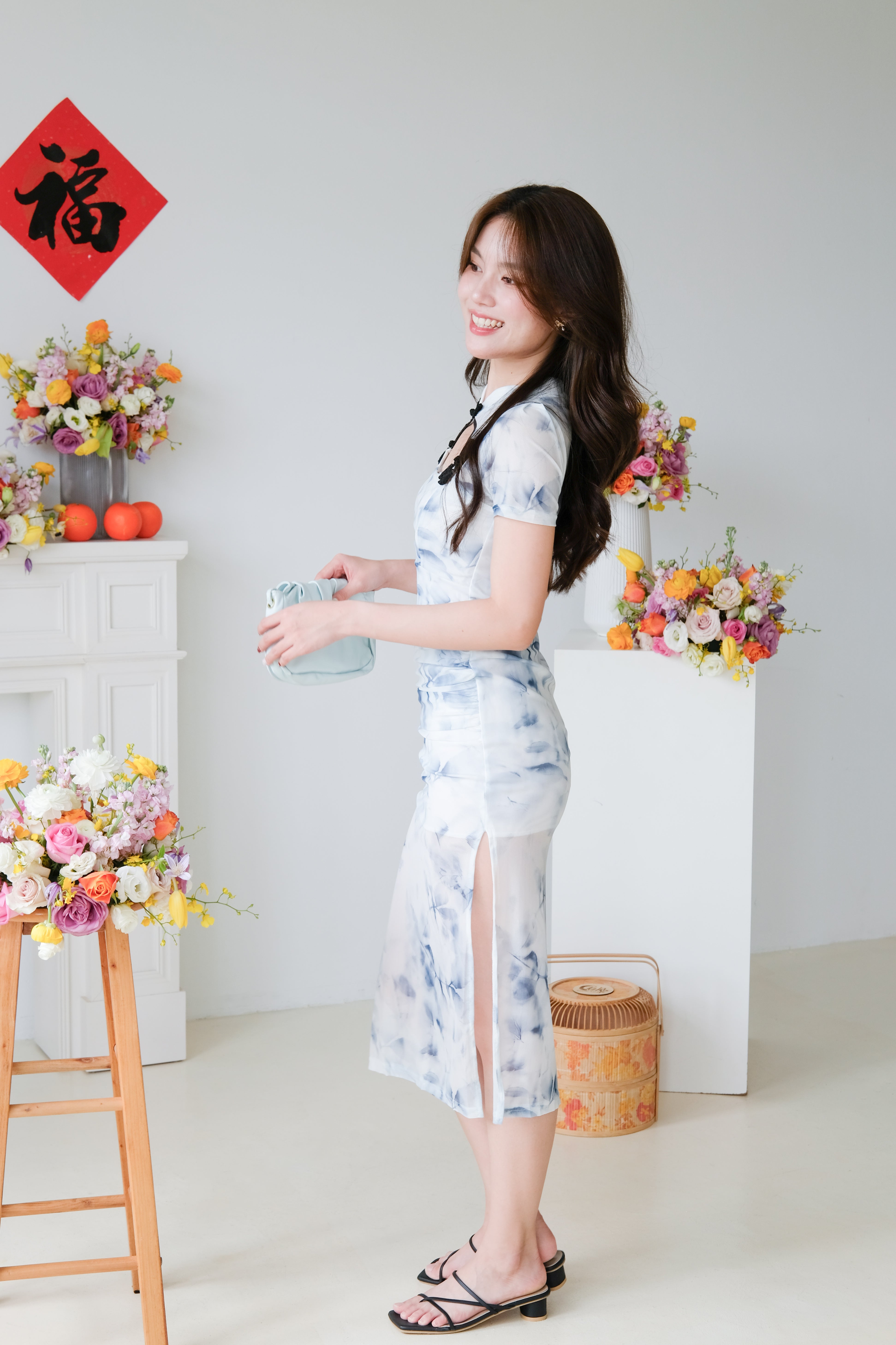Xuan Mesh Slit Midi Cheongsam (Blue)