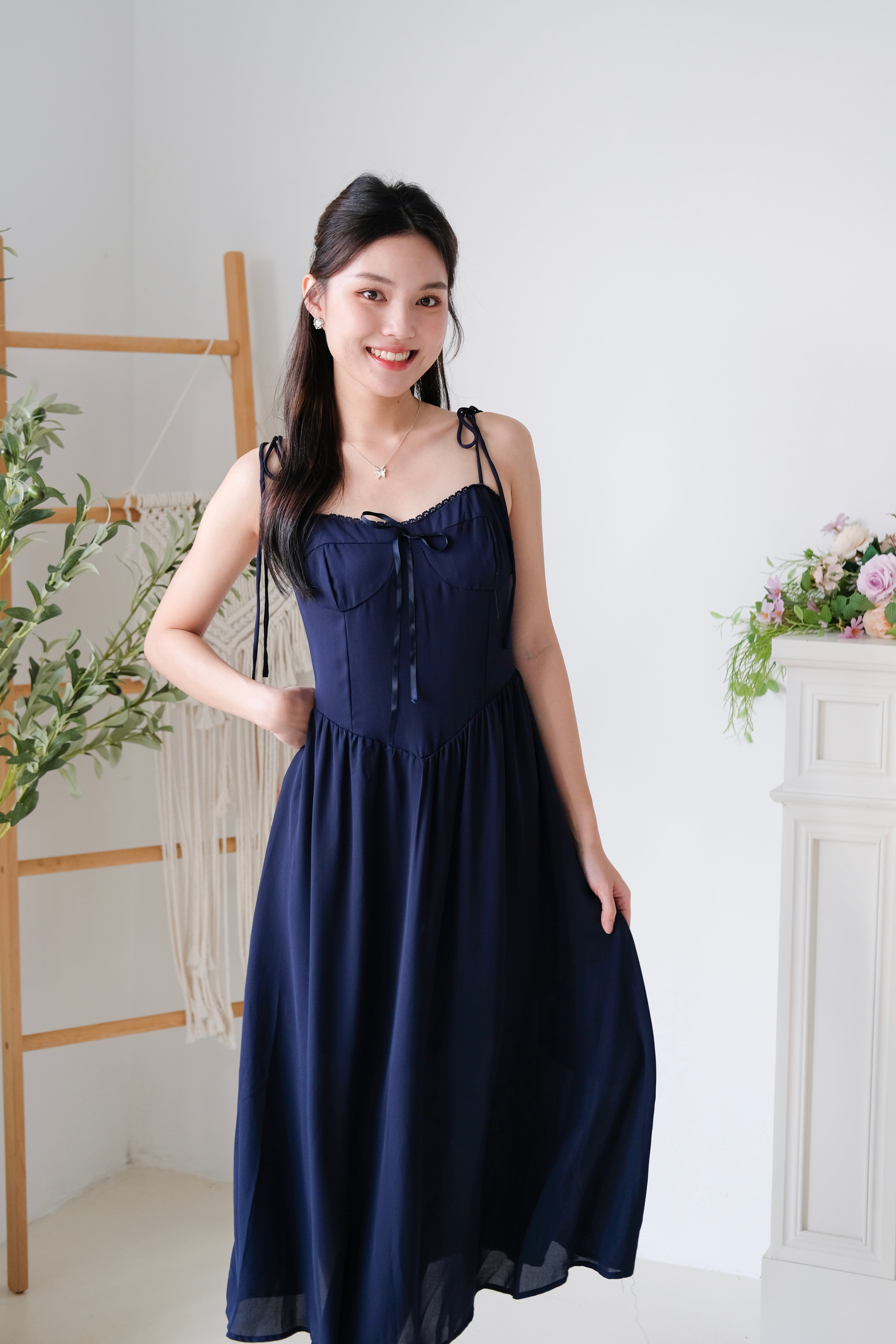 Rowena Coquette Midi Dress (Navy Blue)