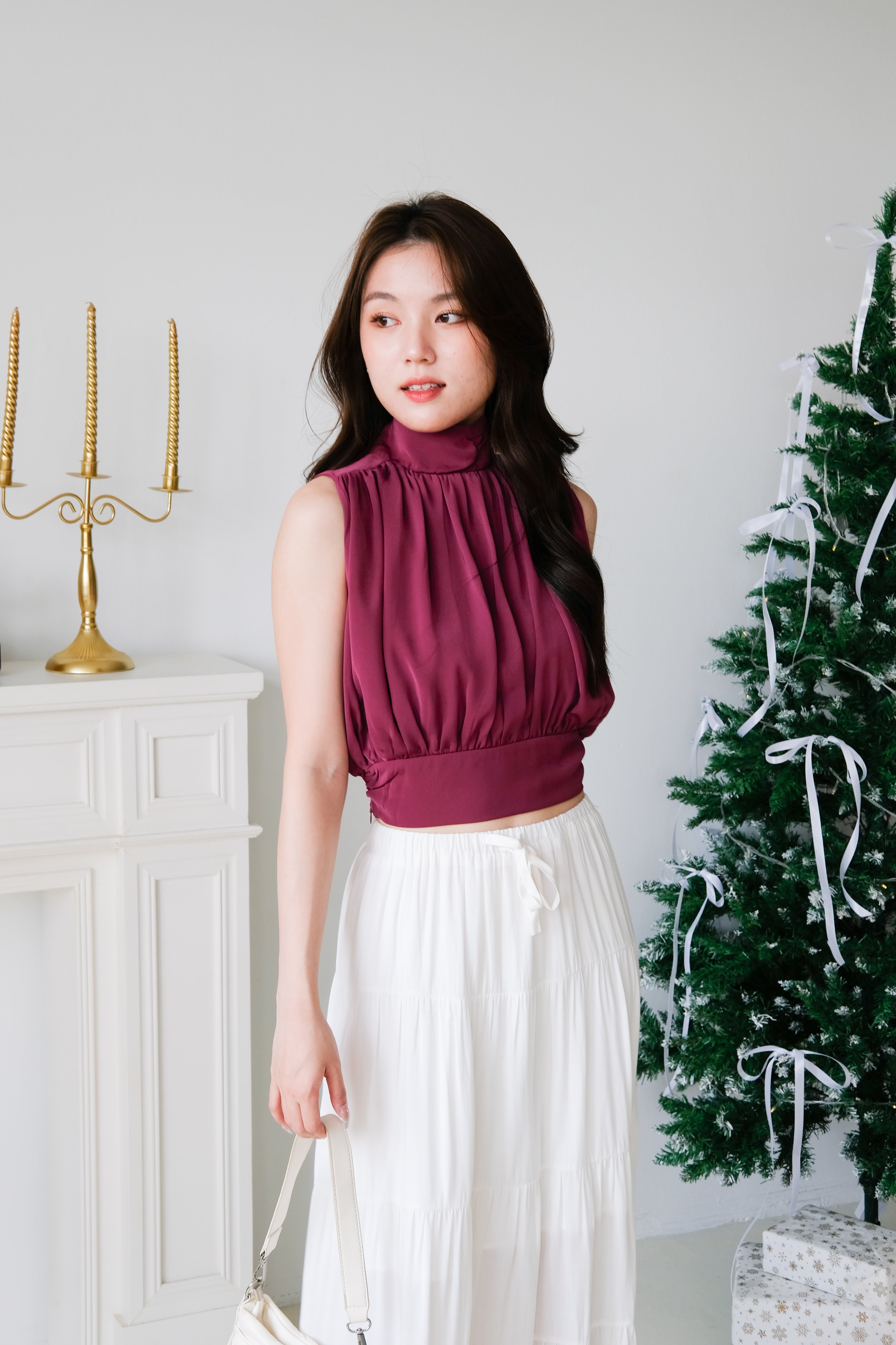 Gabine High Neck Ruched Top (Wine)
