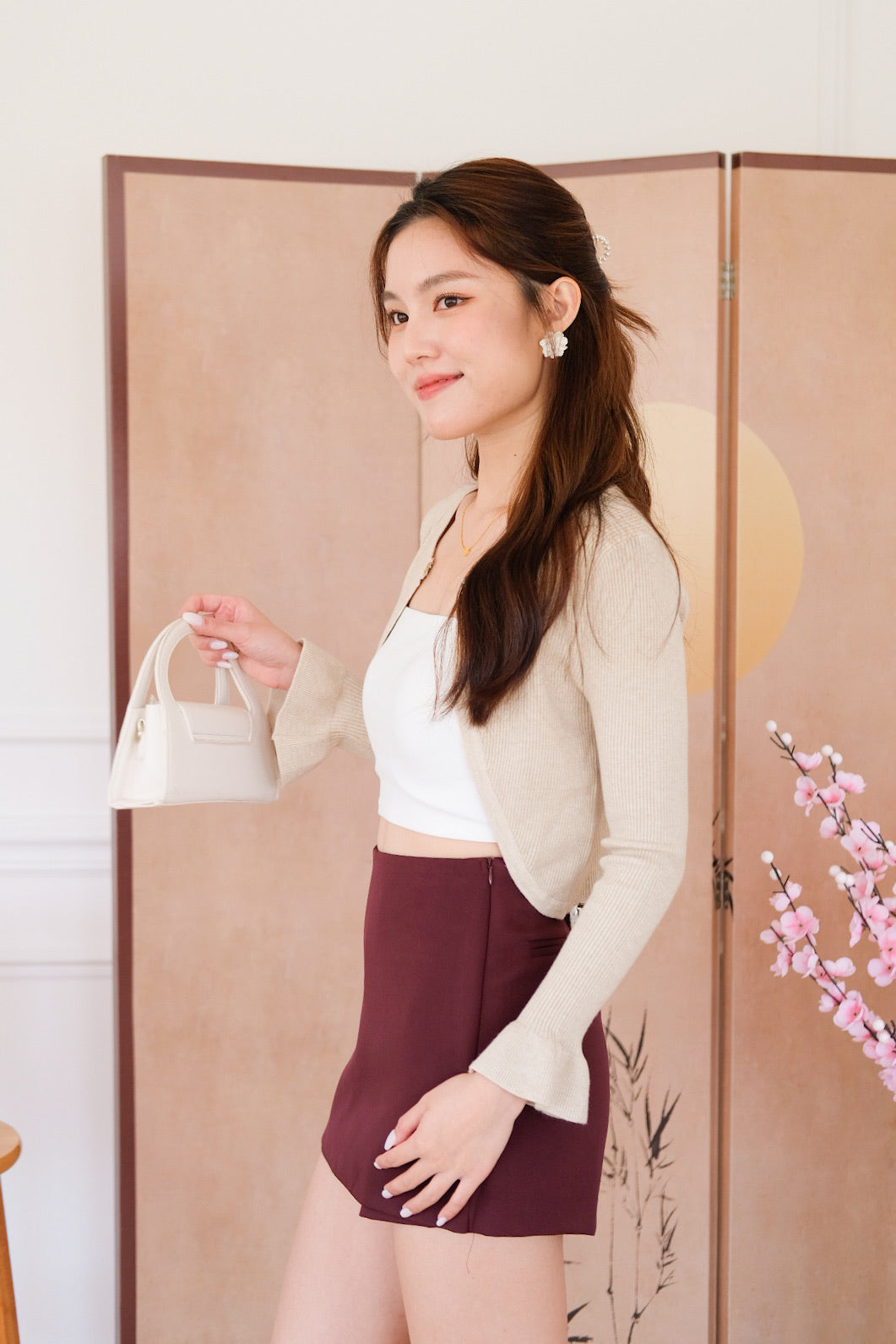 Corrine Bell Sleeves Cropped Cardigan (Oat Beige)