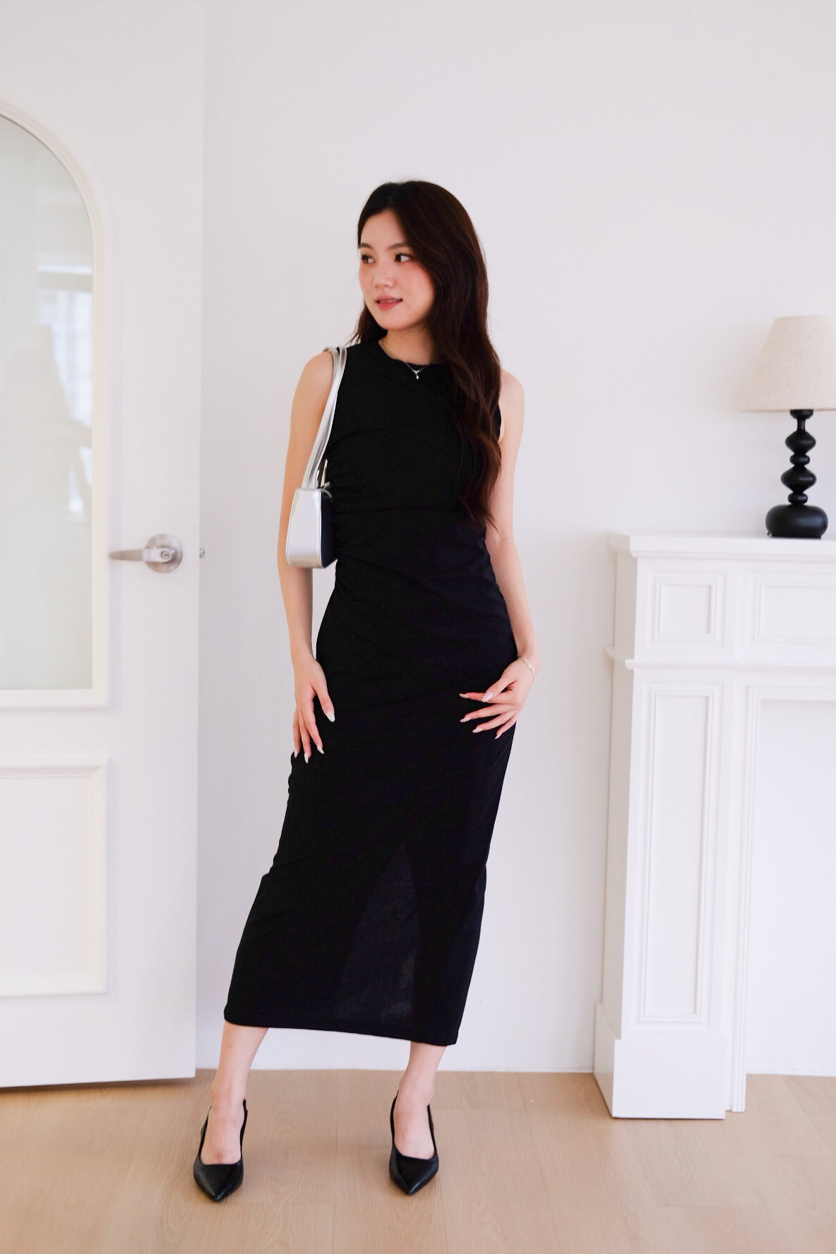 Brianna Ruched Jewel Bodycon Maxi Dress (Black)