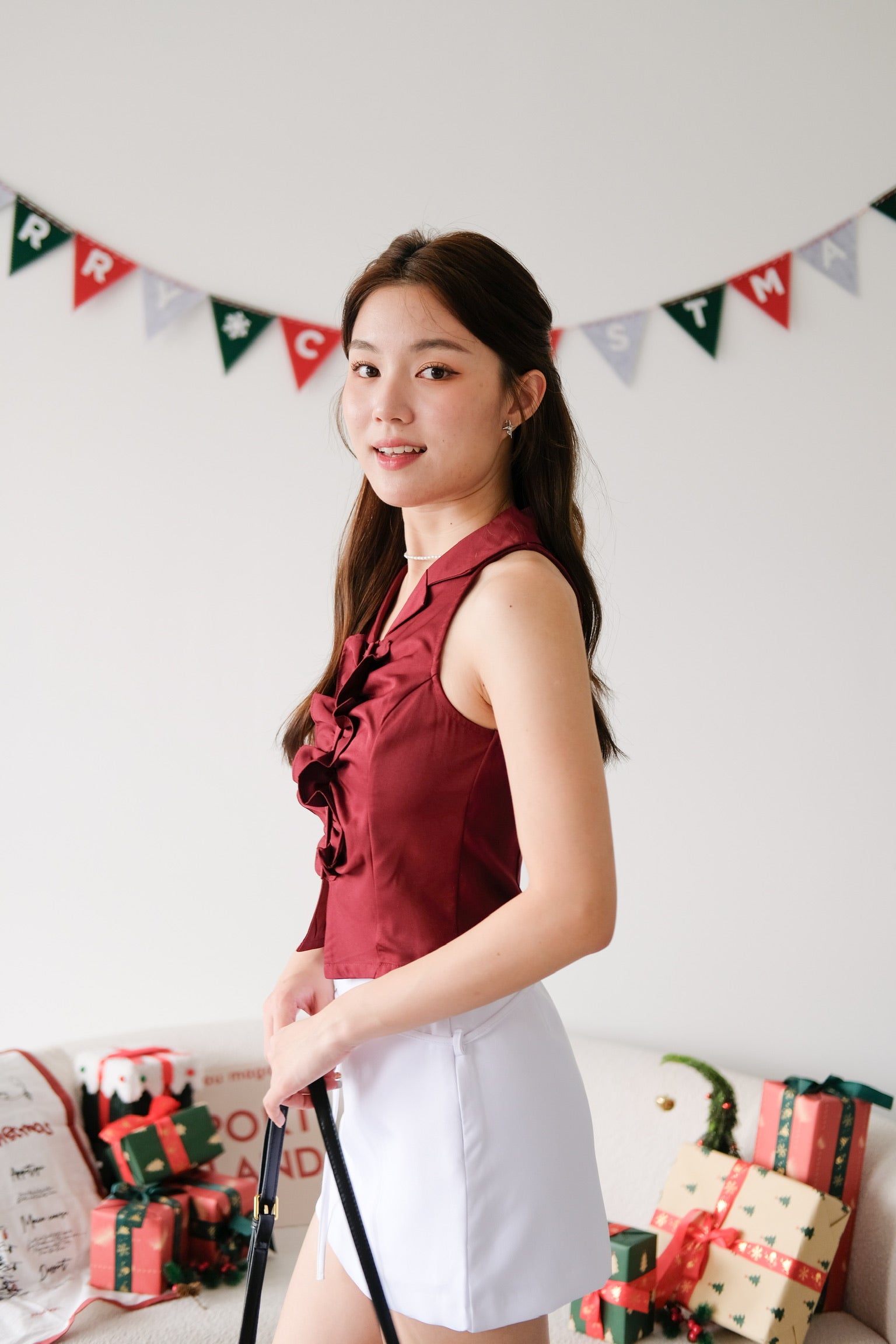 Naru Ruffle Collared Crop Top (Maroon)
