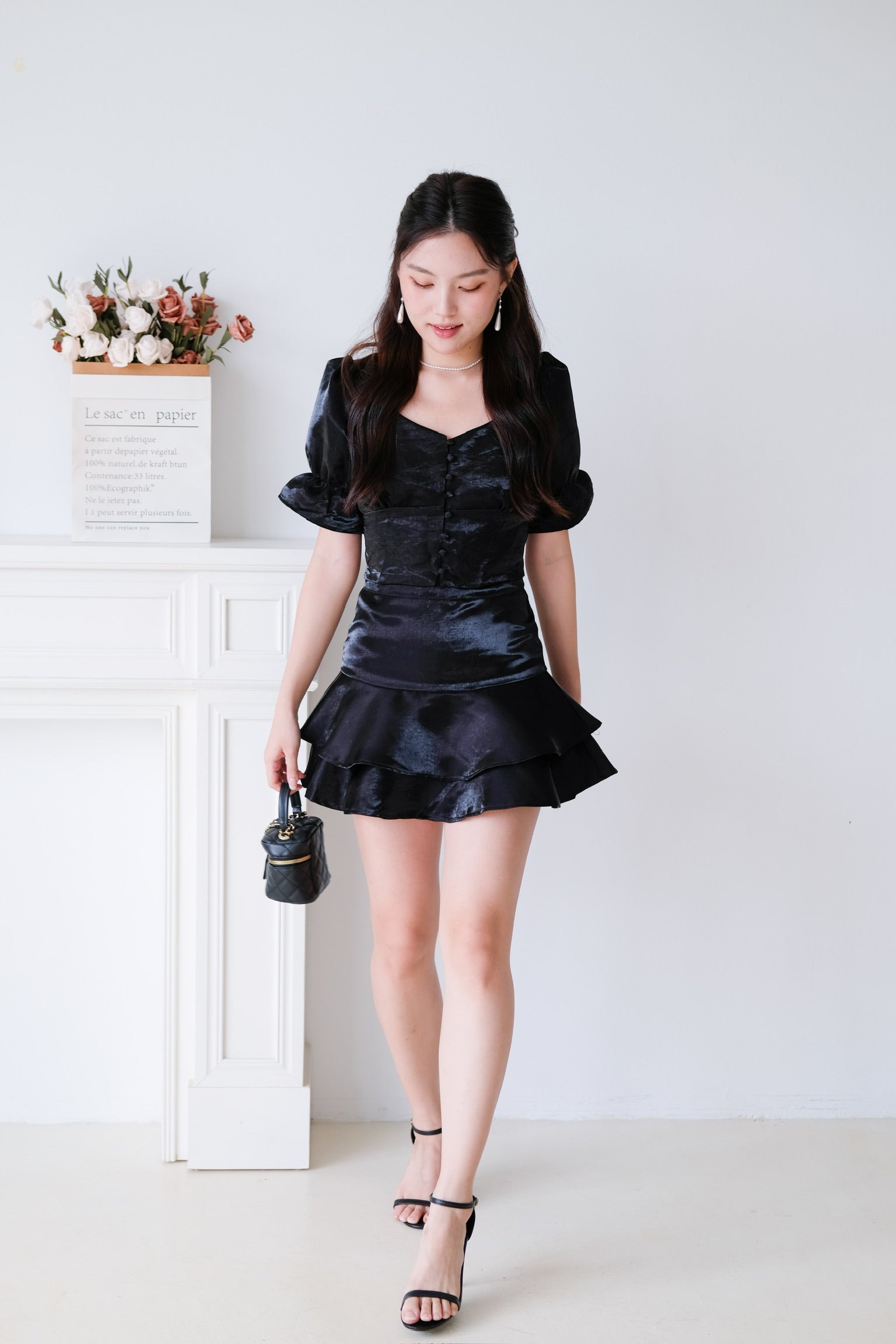Lush Shimmer Satin Flare Set (Black)