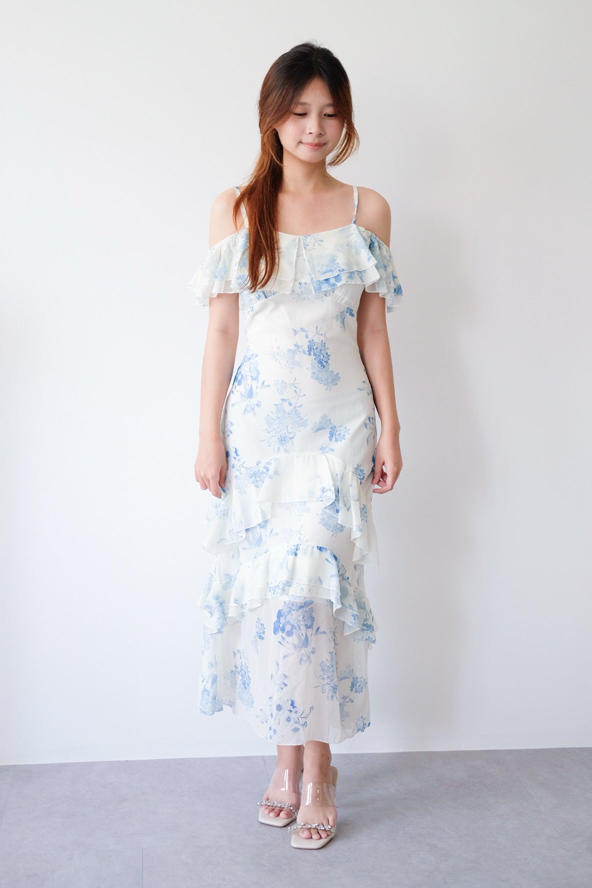 Blue Floral Off Shoulder Ruffle Maxi Dress