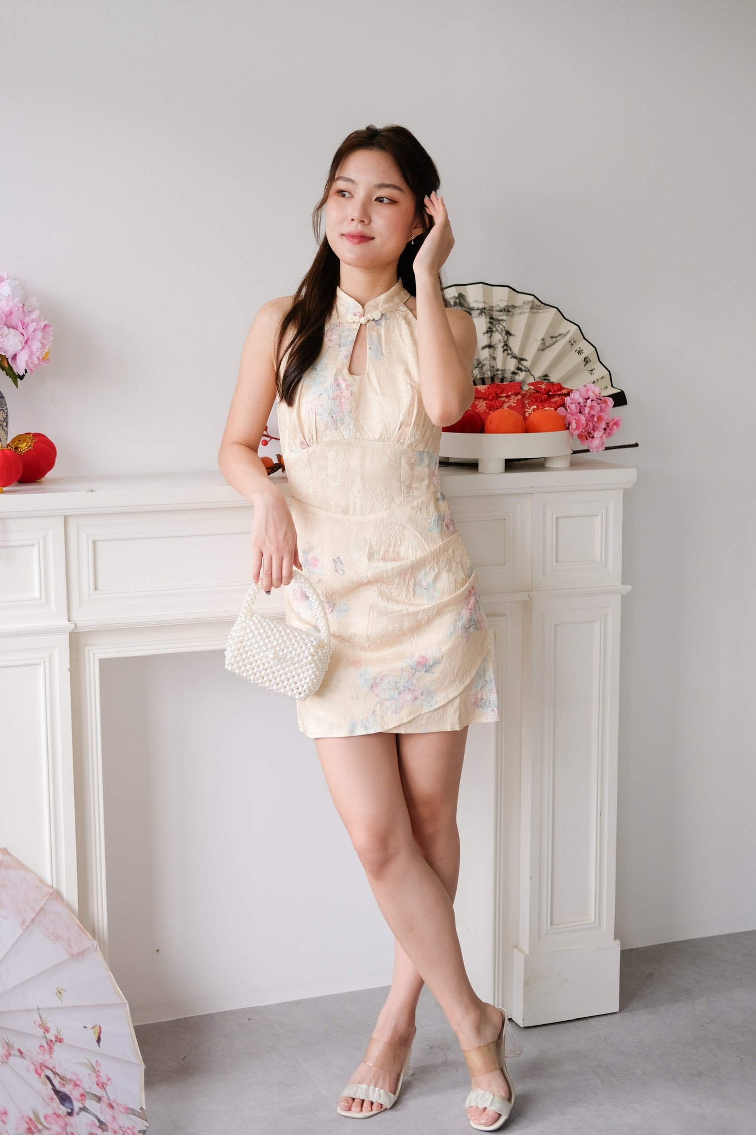 Yu Jin Halter Floral Tulip Cheongsam (Mustard Yellow)