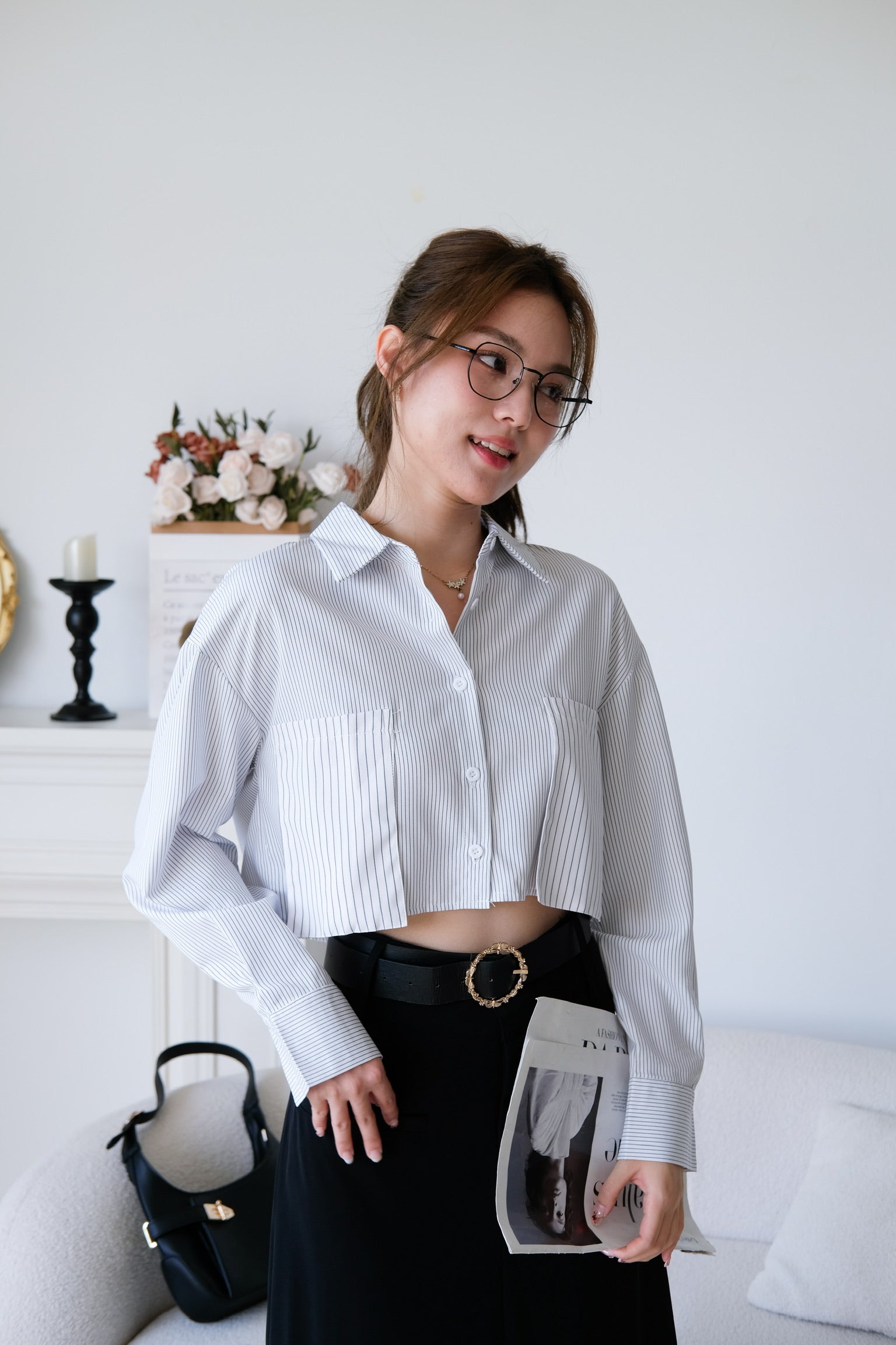 Rora Oversized Stripes Cropped Blouse (White)