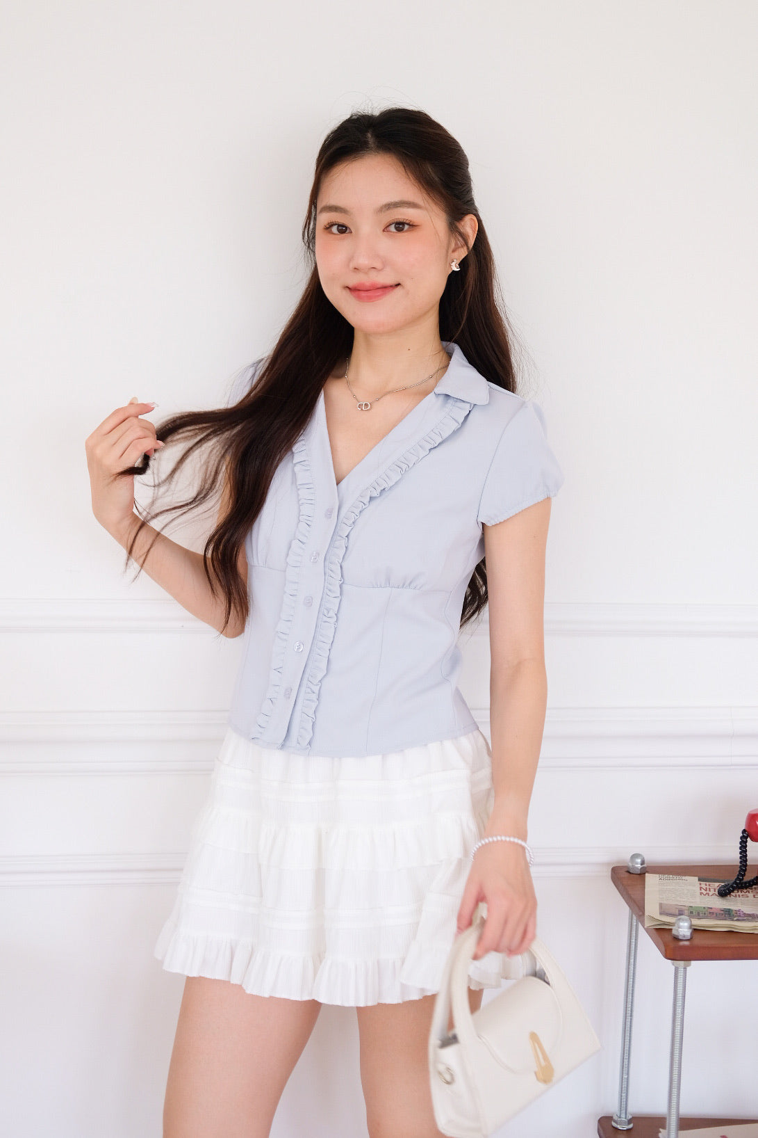 Marais Collared Ruffle Blouse Top (Nude Blue)