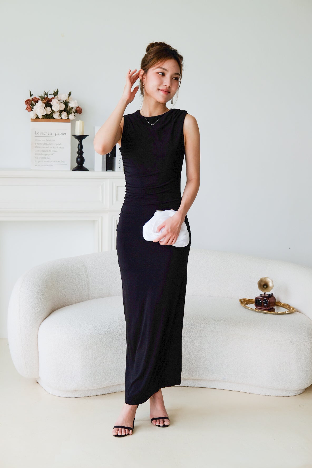 Paisley Ruched Jewel Bodycon Dress (Black)