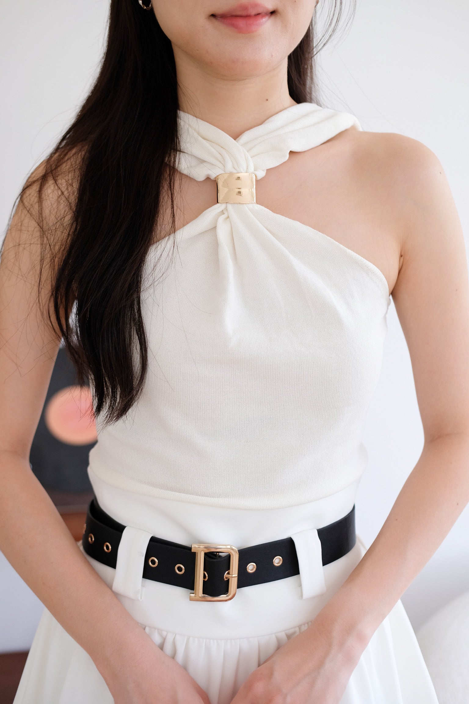 Suezette Halter Gold Ornament Knit Top (Cream)