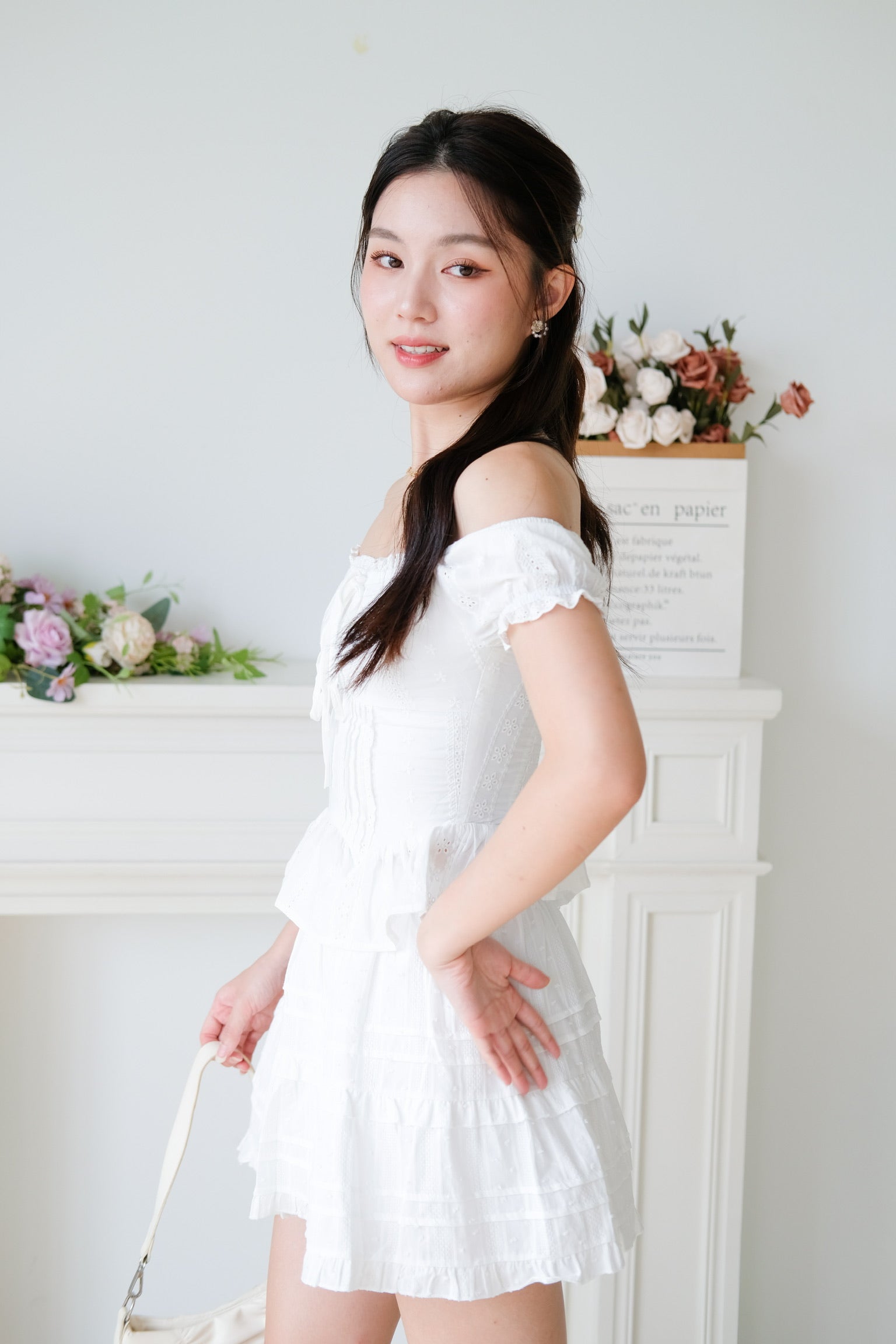 Nara Eyelet Off Shoulder Crop (White)