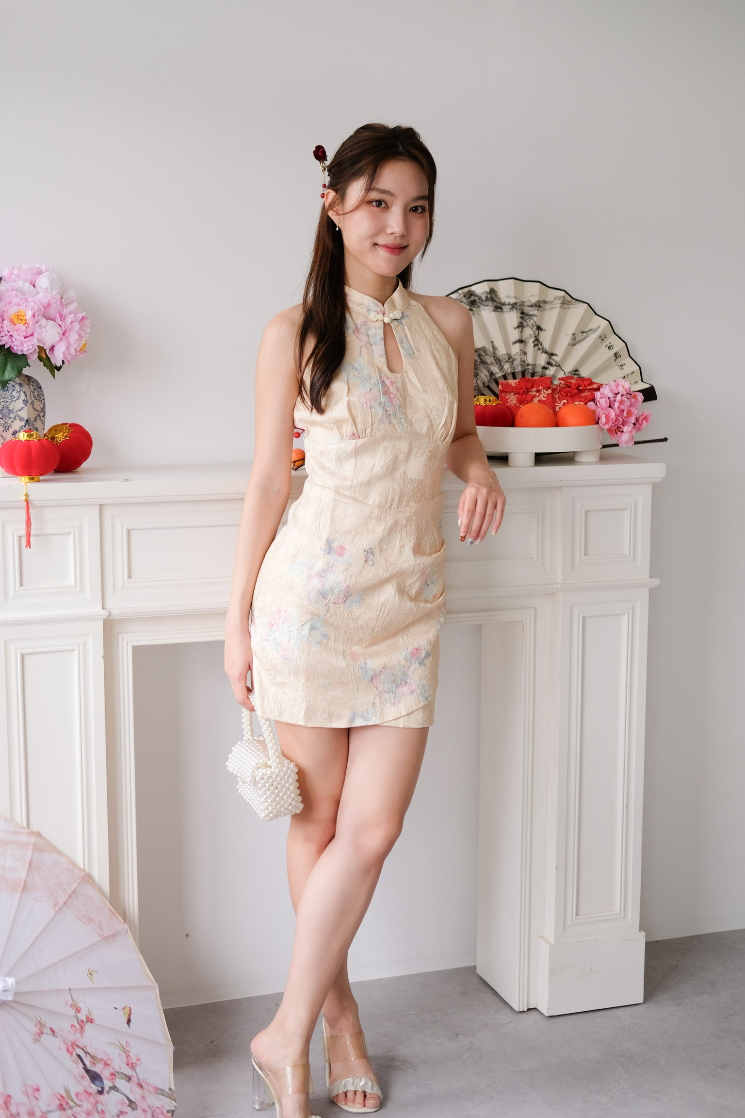 Yu Jin Halter Floral Tulip Cheongsam (Mustard Yellow)