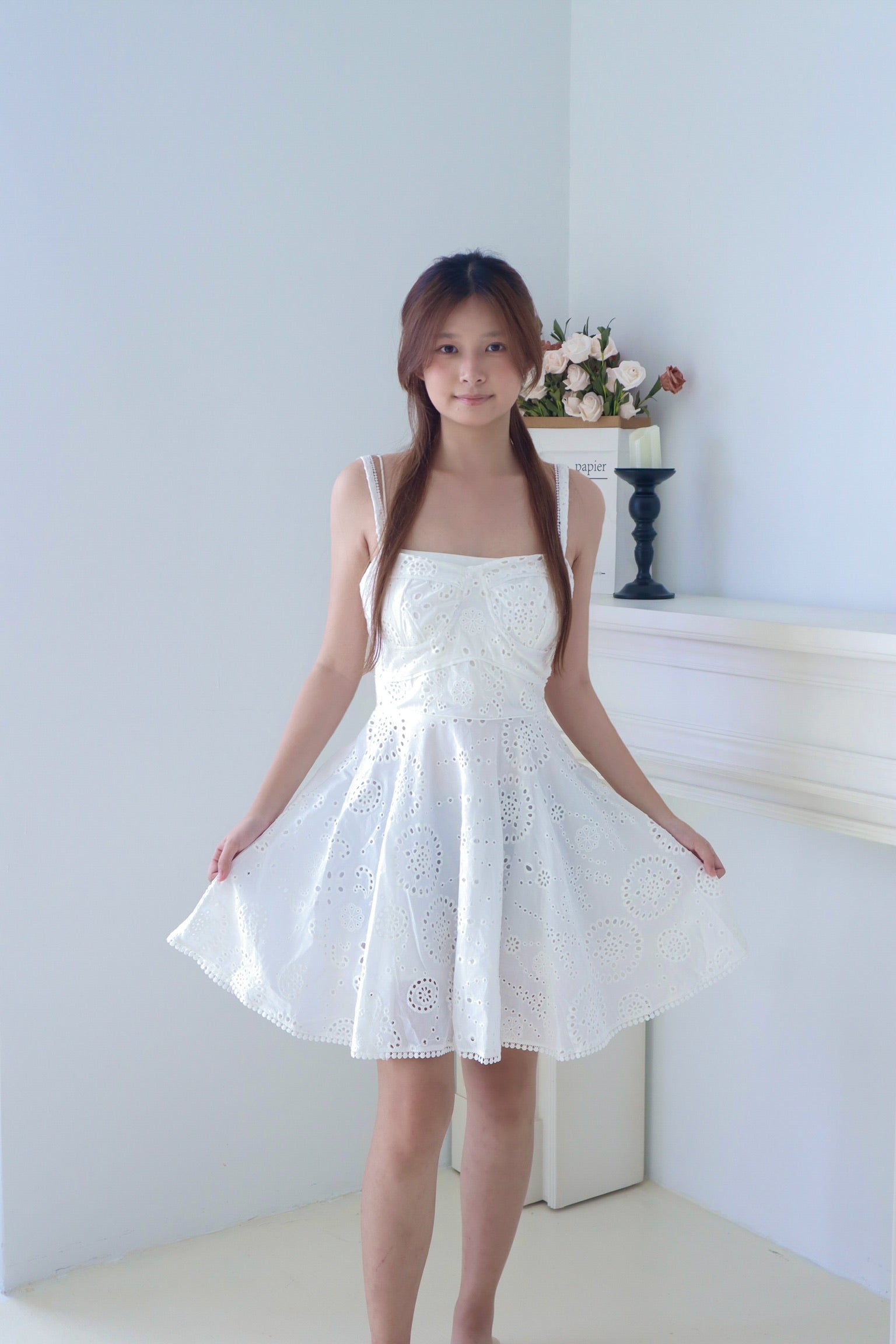 White Eyelet Embroidered Strap Dress