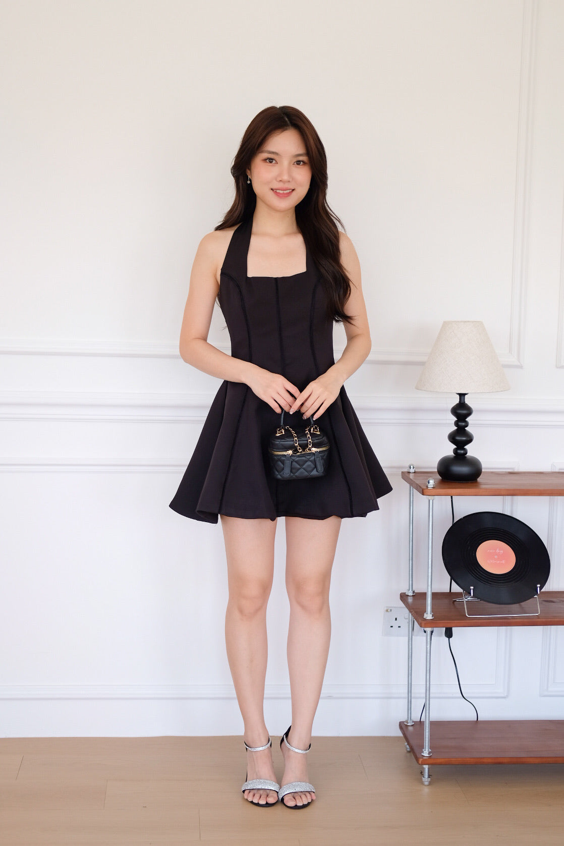 Violette Self Tie Halter Skater Dress (Black)