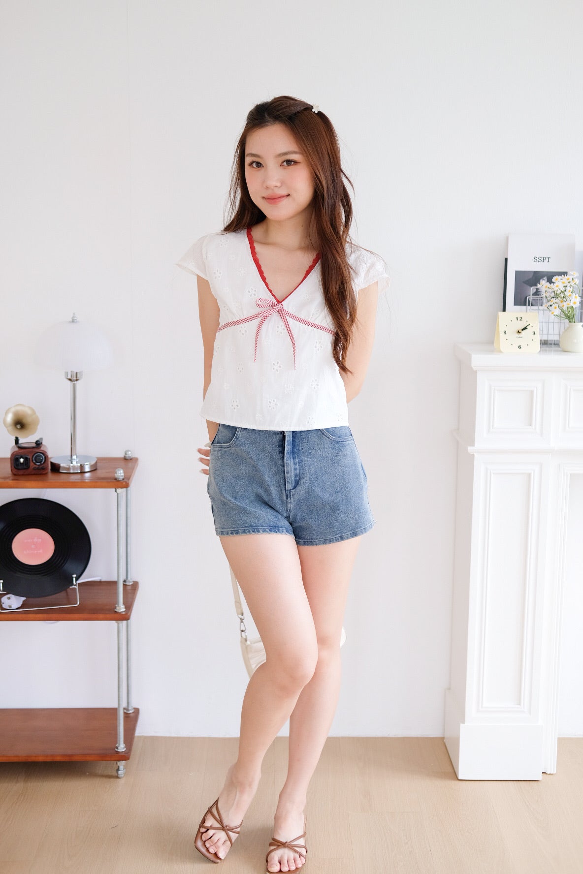Joyce Eyelet Contrast Ribbon Top (White)