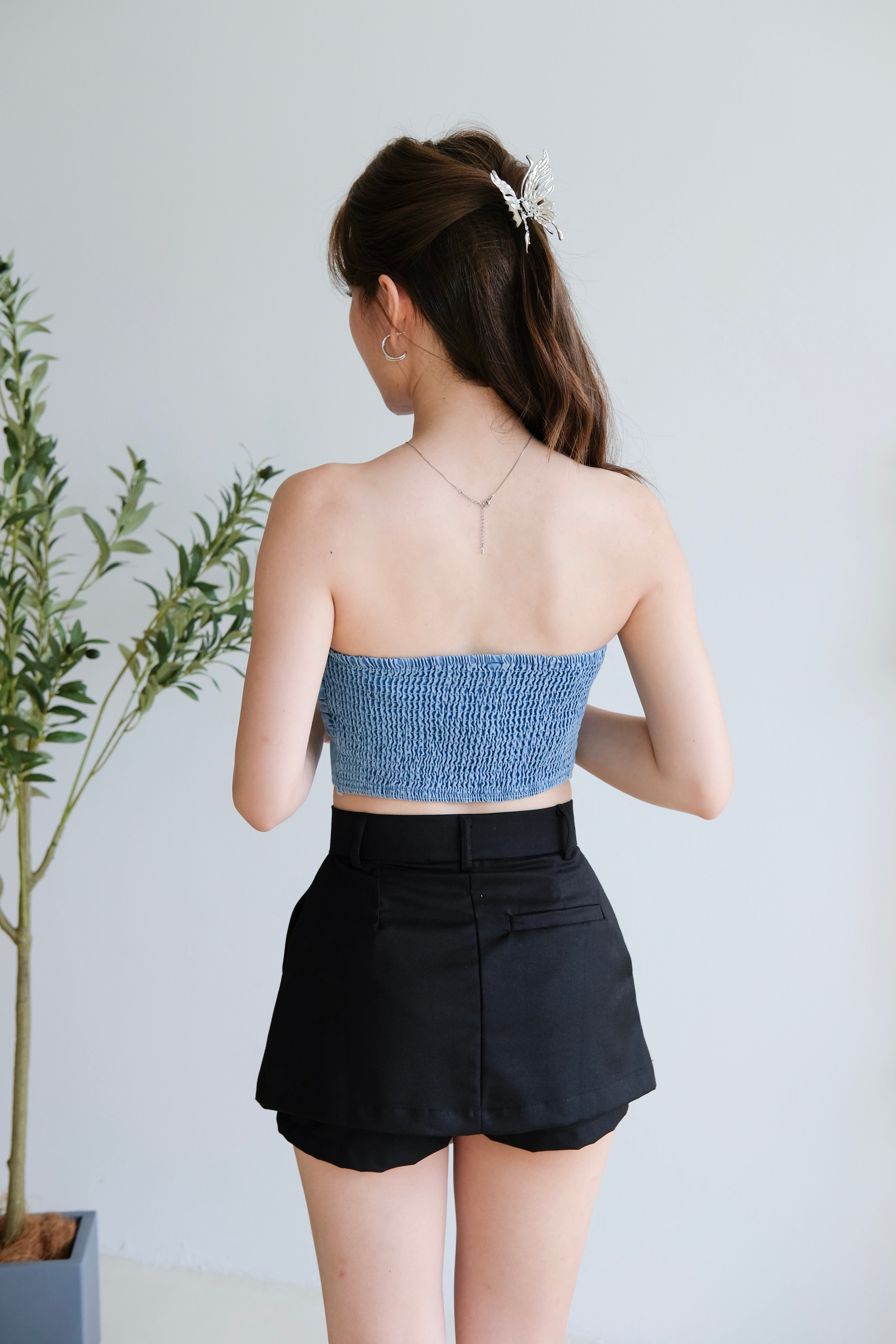 Shyla Sweetheart Denim Padded Crop Top (Light Blue)