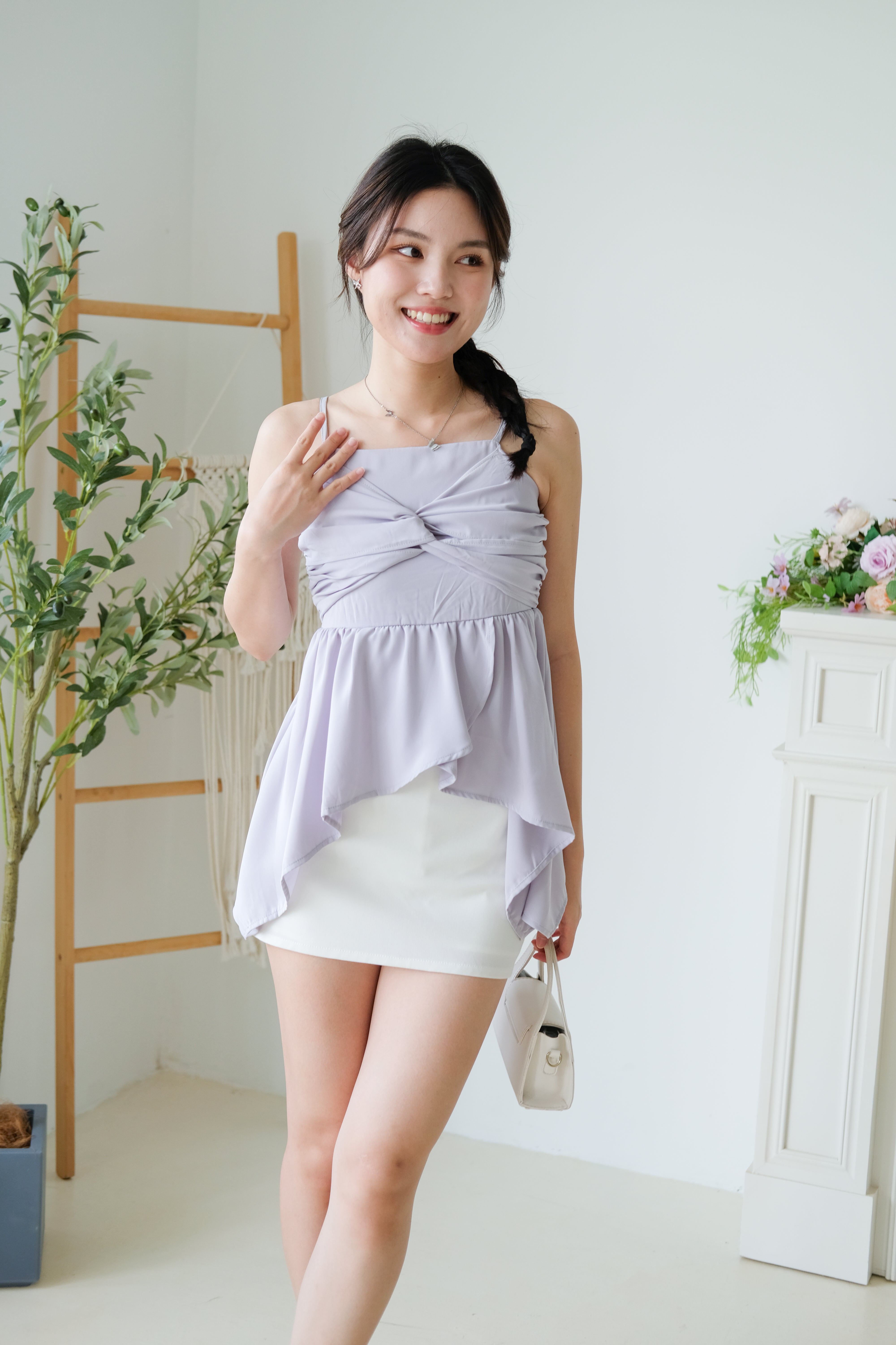 Natalie Twist Ruffle Asymmetrical Top (Dusty Purple)