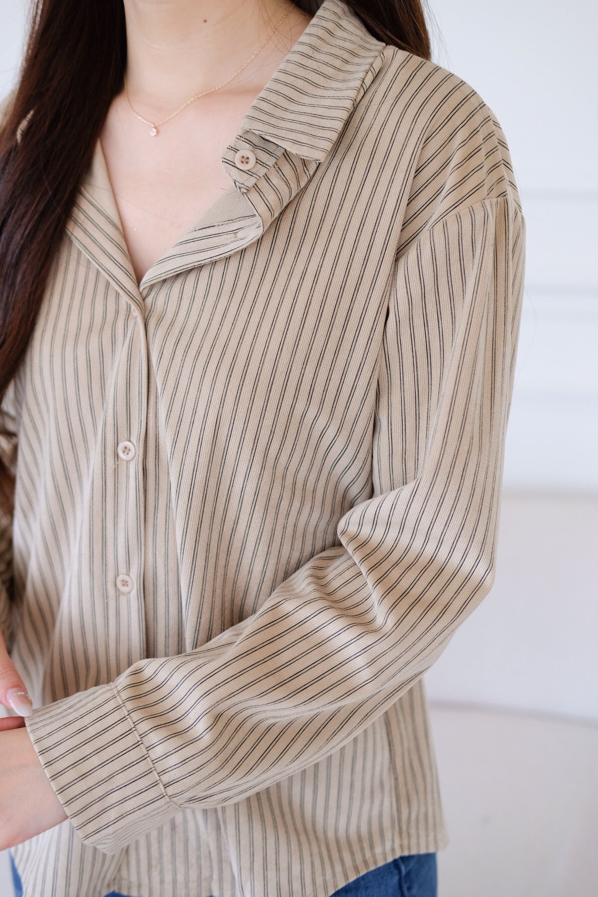 Henley Pinstripe Suede Shirt (Khaki)