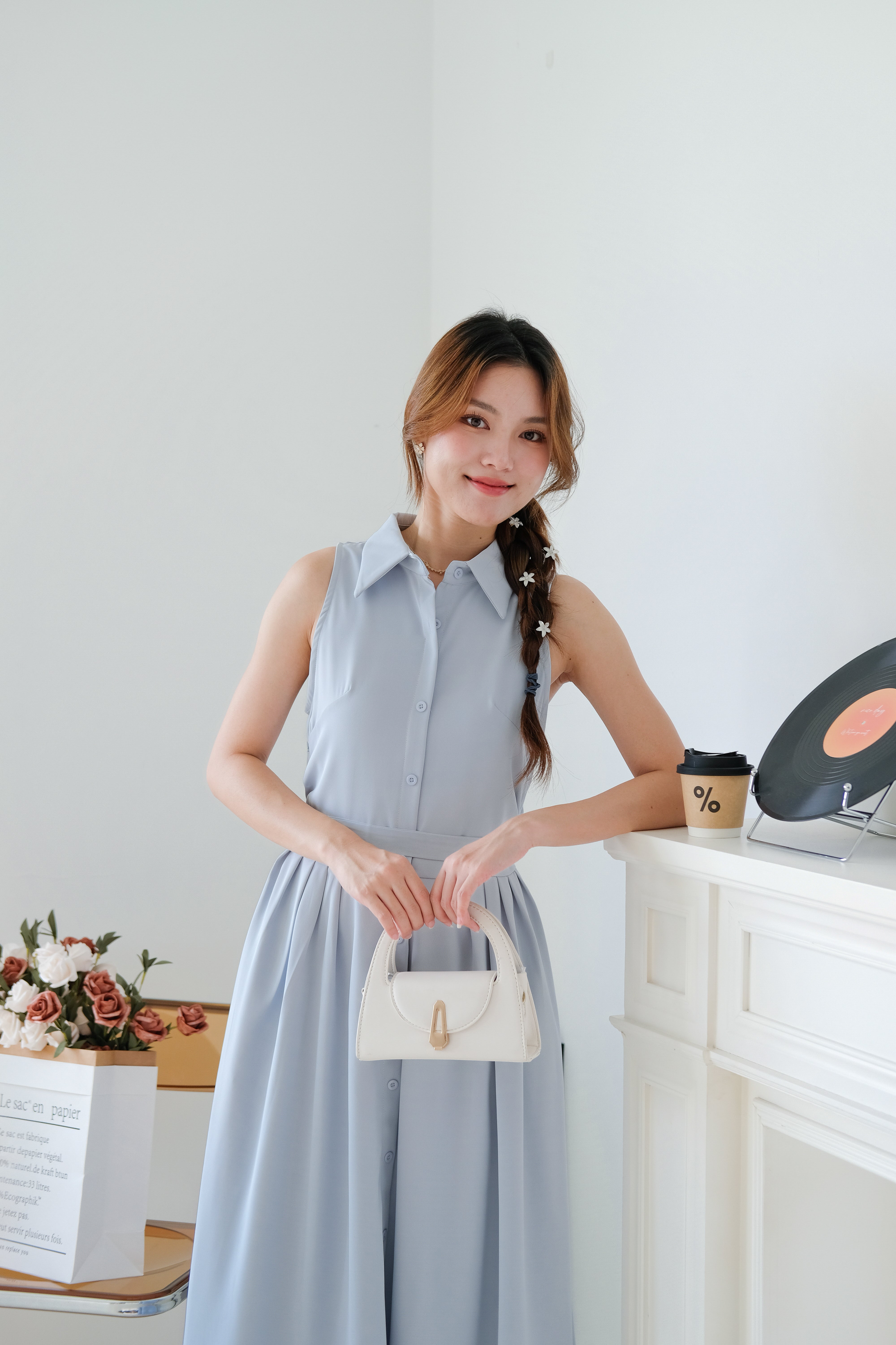 Camille Cinched Waist Collared Maxi Dress (Dusty Blue)