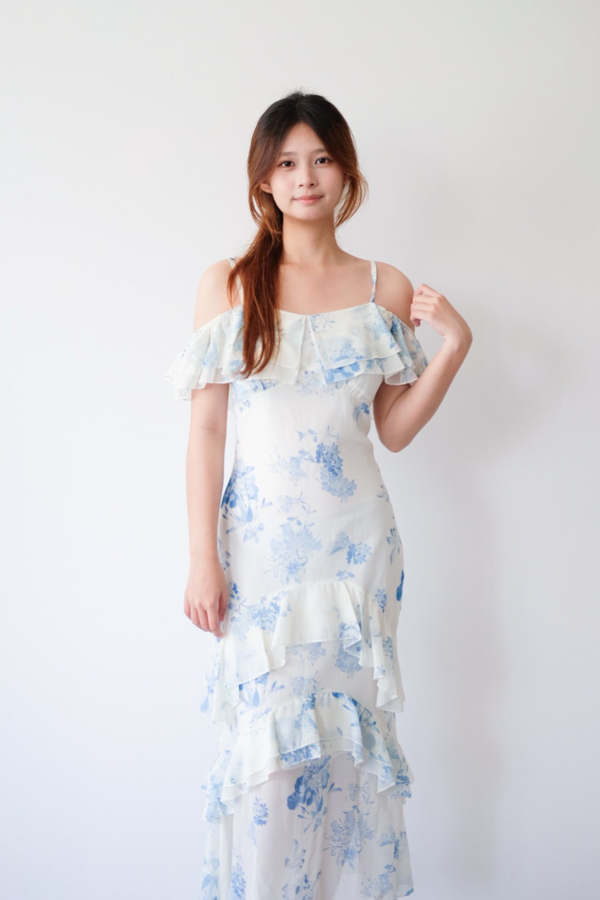 Blue Floral Off Shoulder Ruffle Maxi Dress