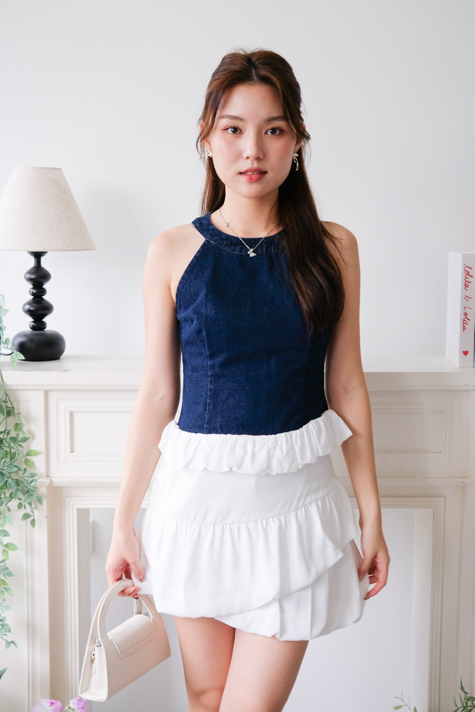 Lica Bubble Cloud Halter Denim Top (Dark Blue)