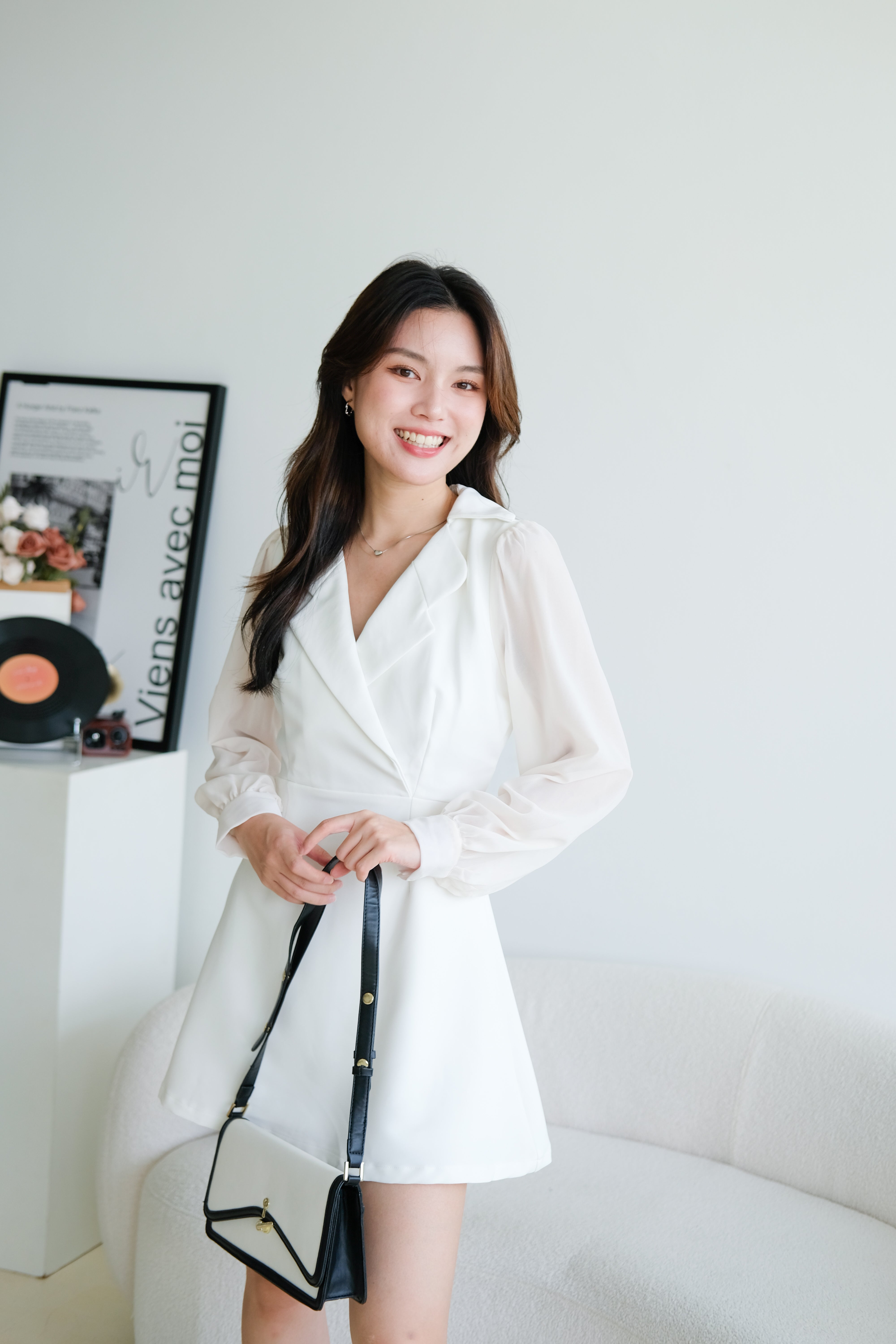 Louisa Blazer Sleeve Dress (White)