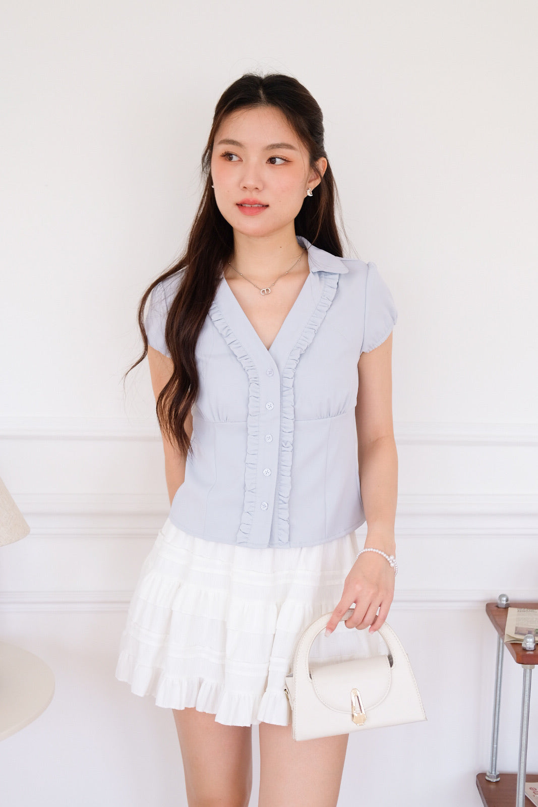 Marais Collared Ruffle Blouse Top (Nude Blue)
