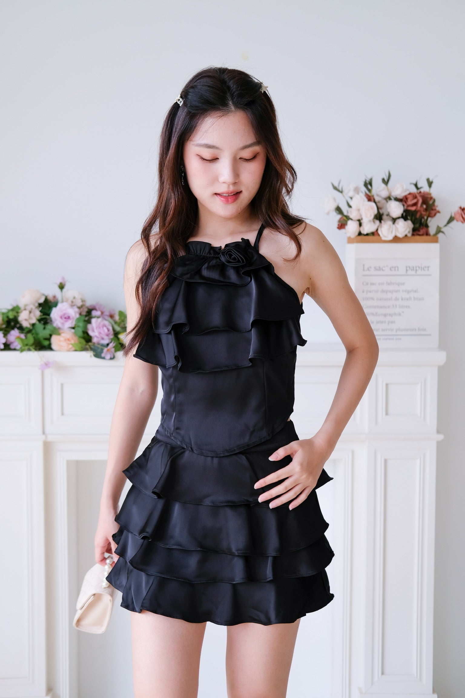 Rosalie Ruffle Tiered Halter Set (Black)