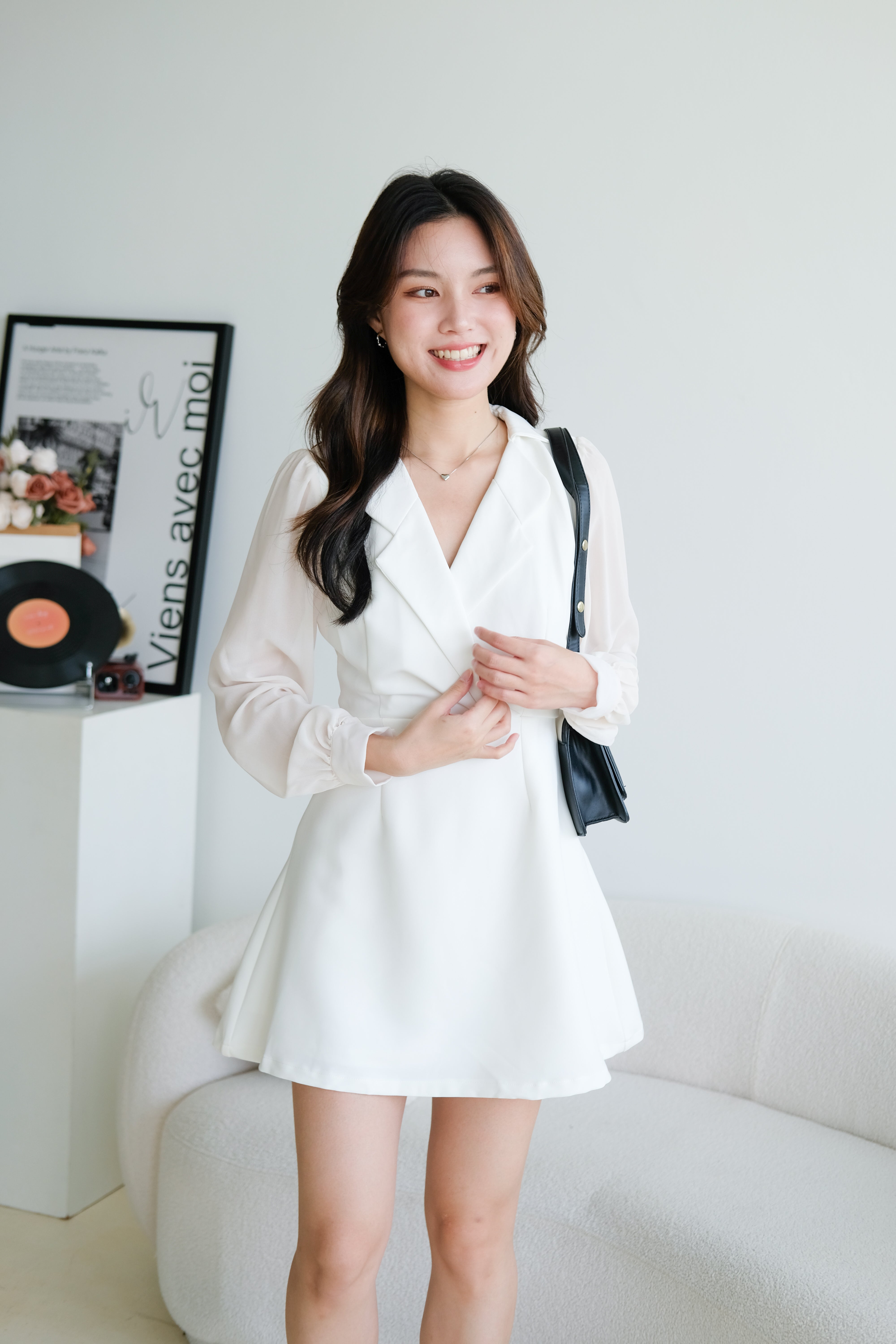 Louisa Blazer Sleeve Dress (White)