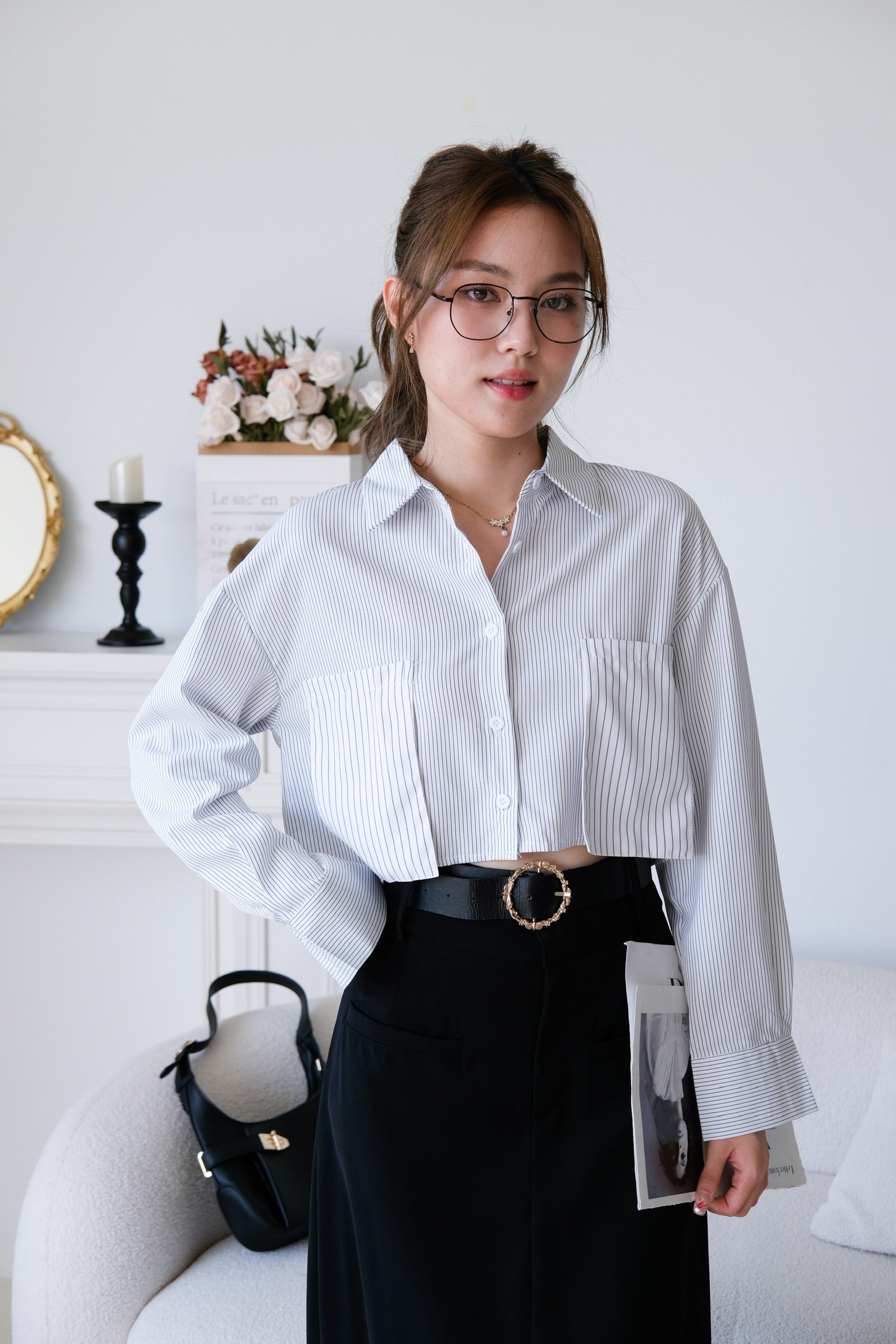 Rora Oversized Stripes Cropped Blouse (White)