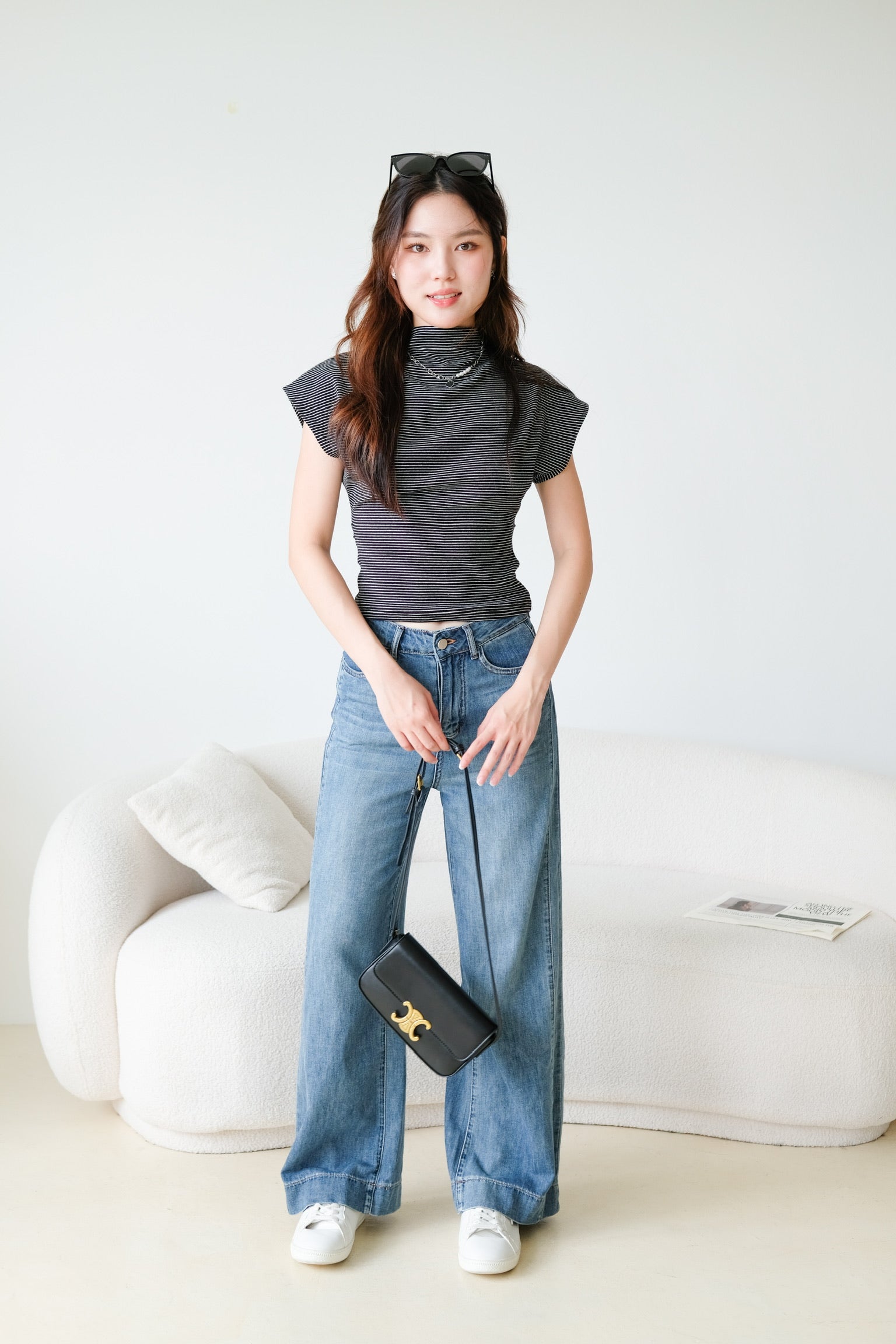 Lucca Batwing High Neck Shirt (Black Stripes)