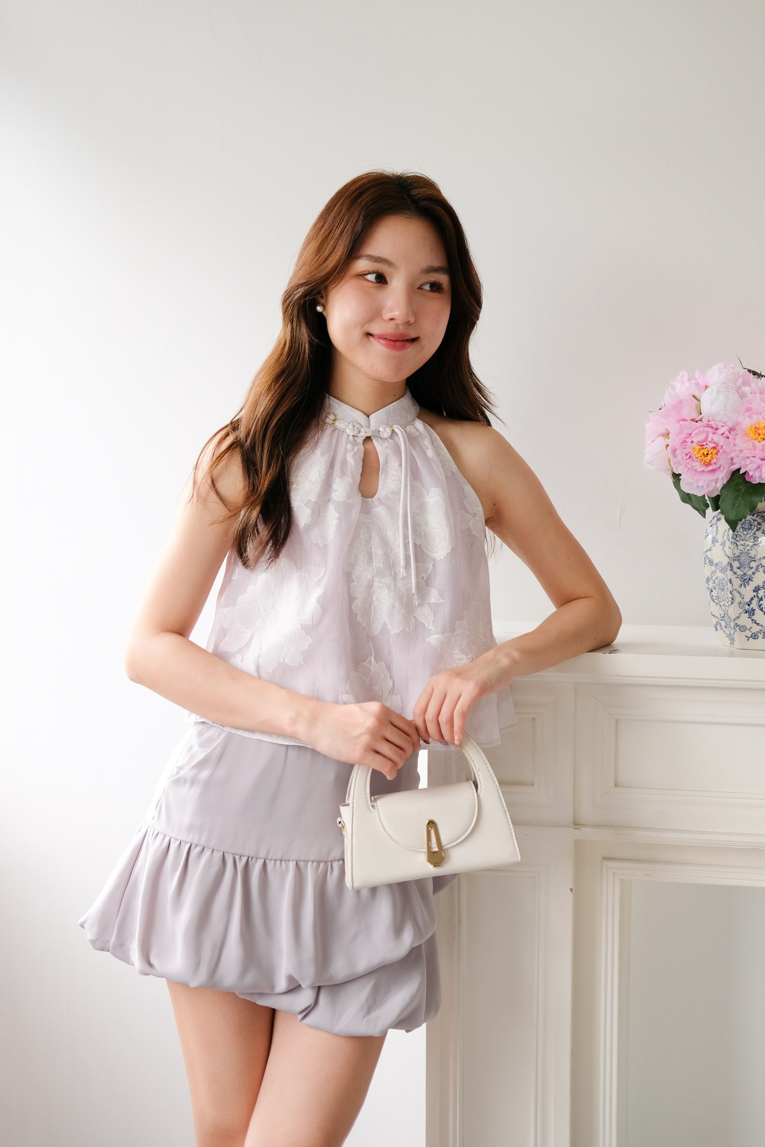 Chu Ran Floral Organza Cheongsam Top (Light Purple)