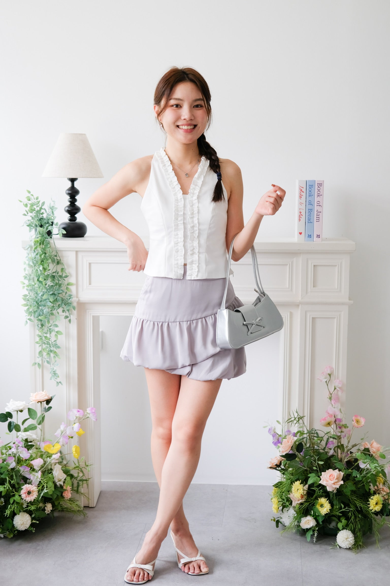 Evangeline Frills V Neck Top (White)