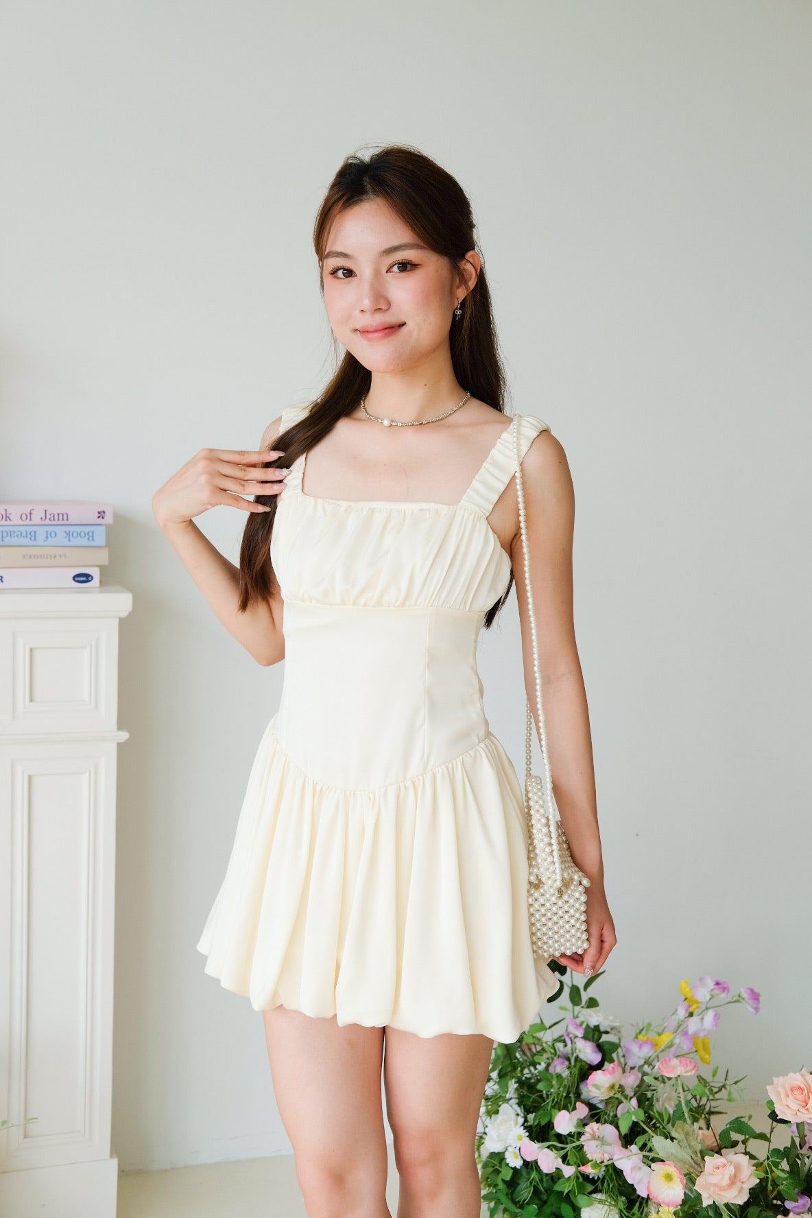 Alesha Ruched Bubble Skater Dress (Pale Yellow)
