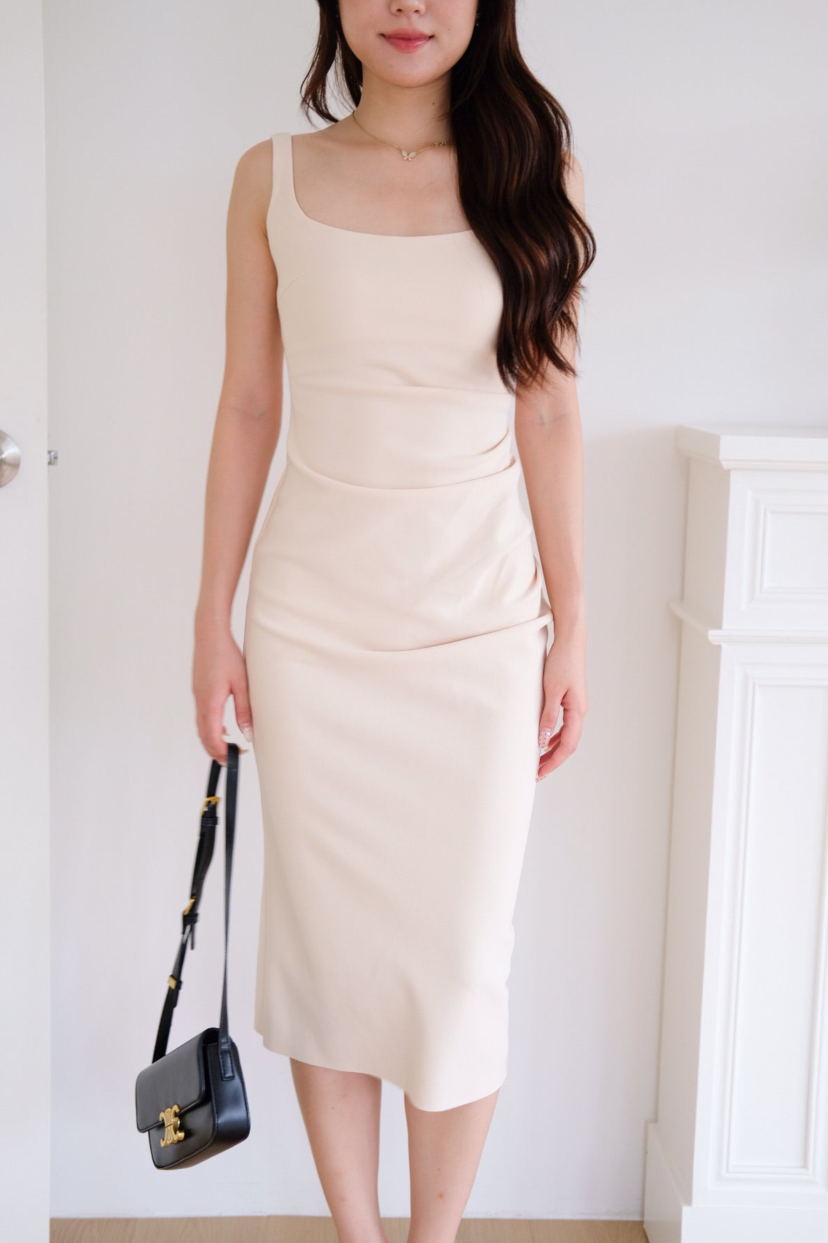 Claude Ruched Slim Fit Midi Dress (Warm Beige)
