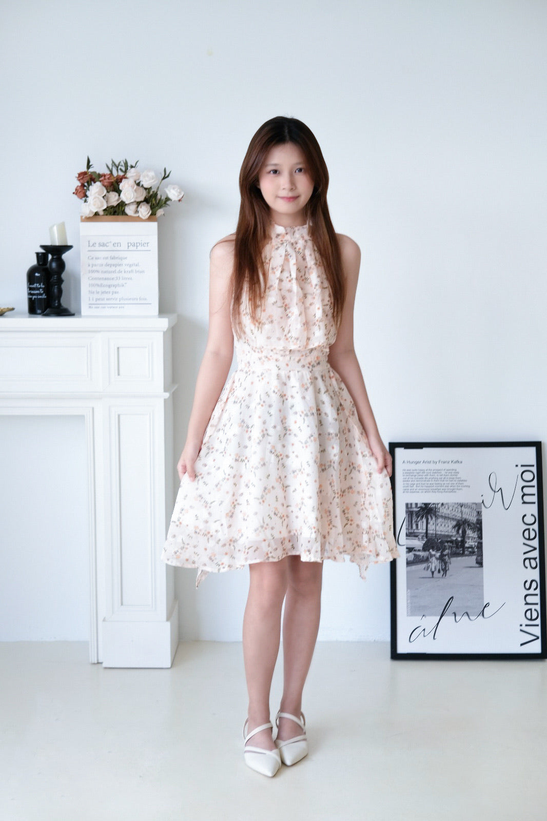 Peach Blossom Floral Halter Bareback Dress