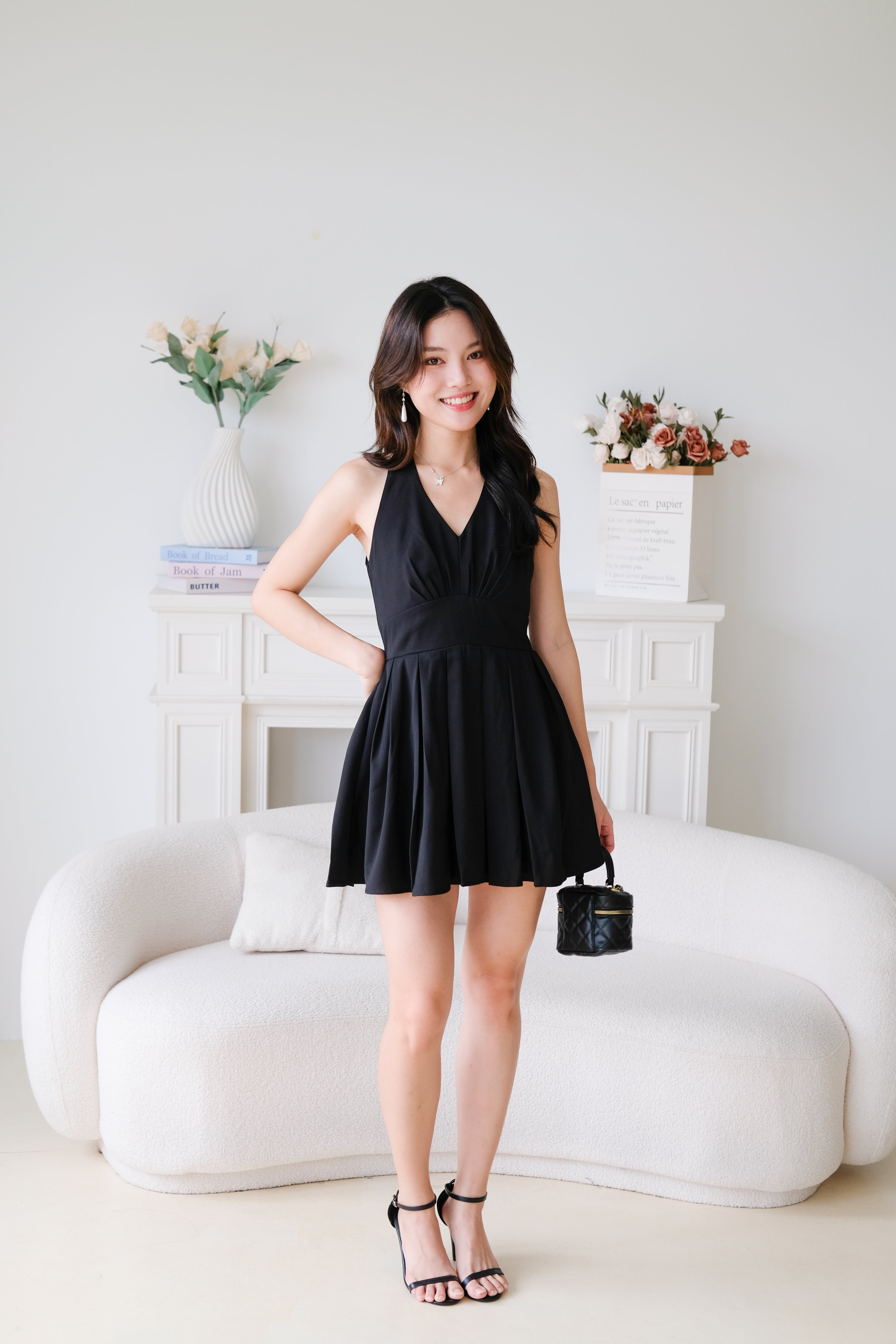 Moon Halter Pleat Dress (Black)