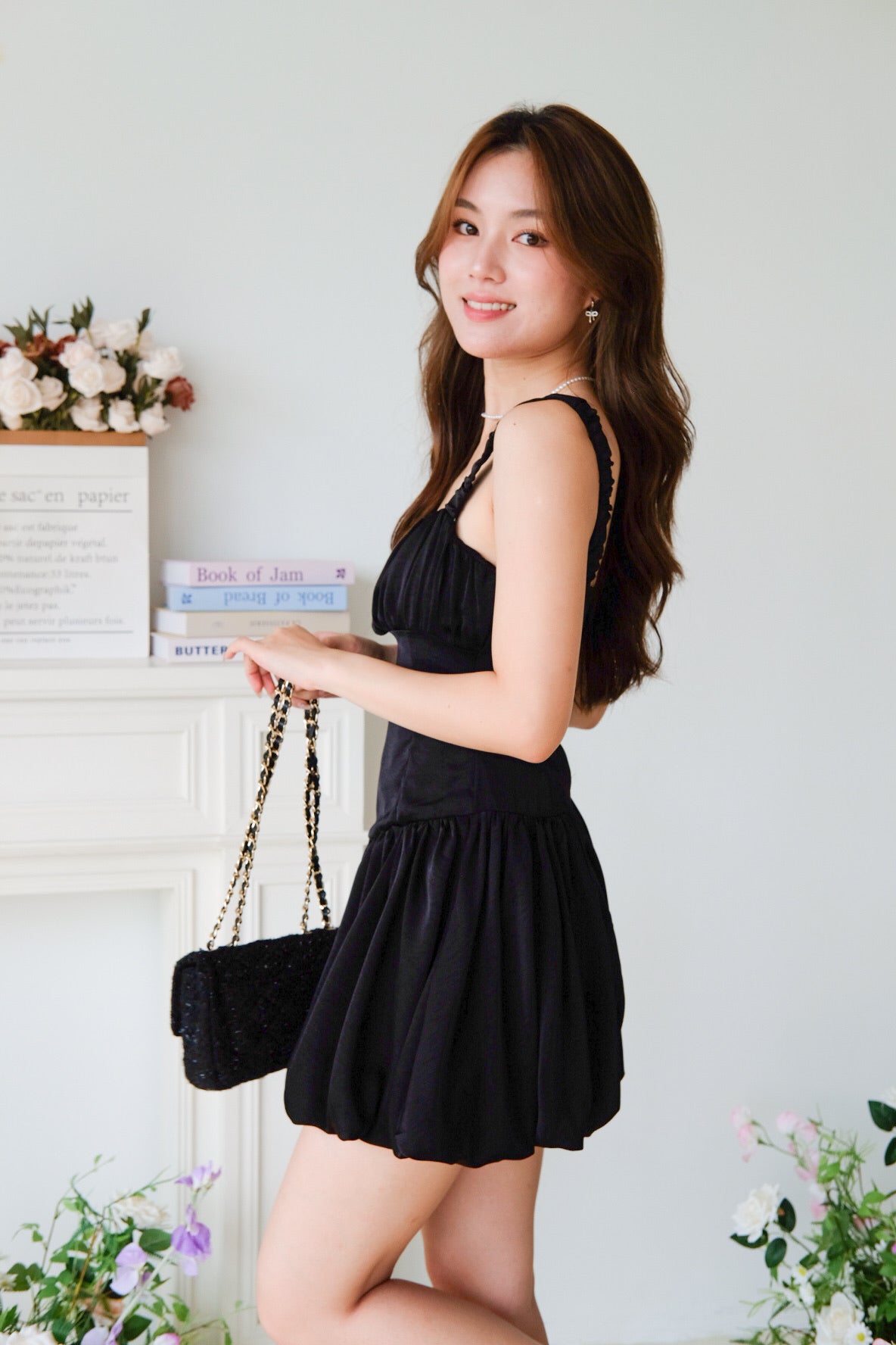 Alesha Ruched Bubble Skater Dress (Black)