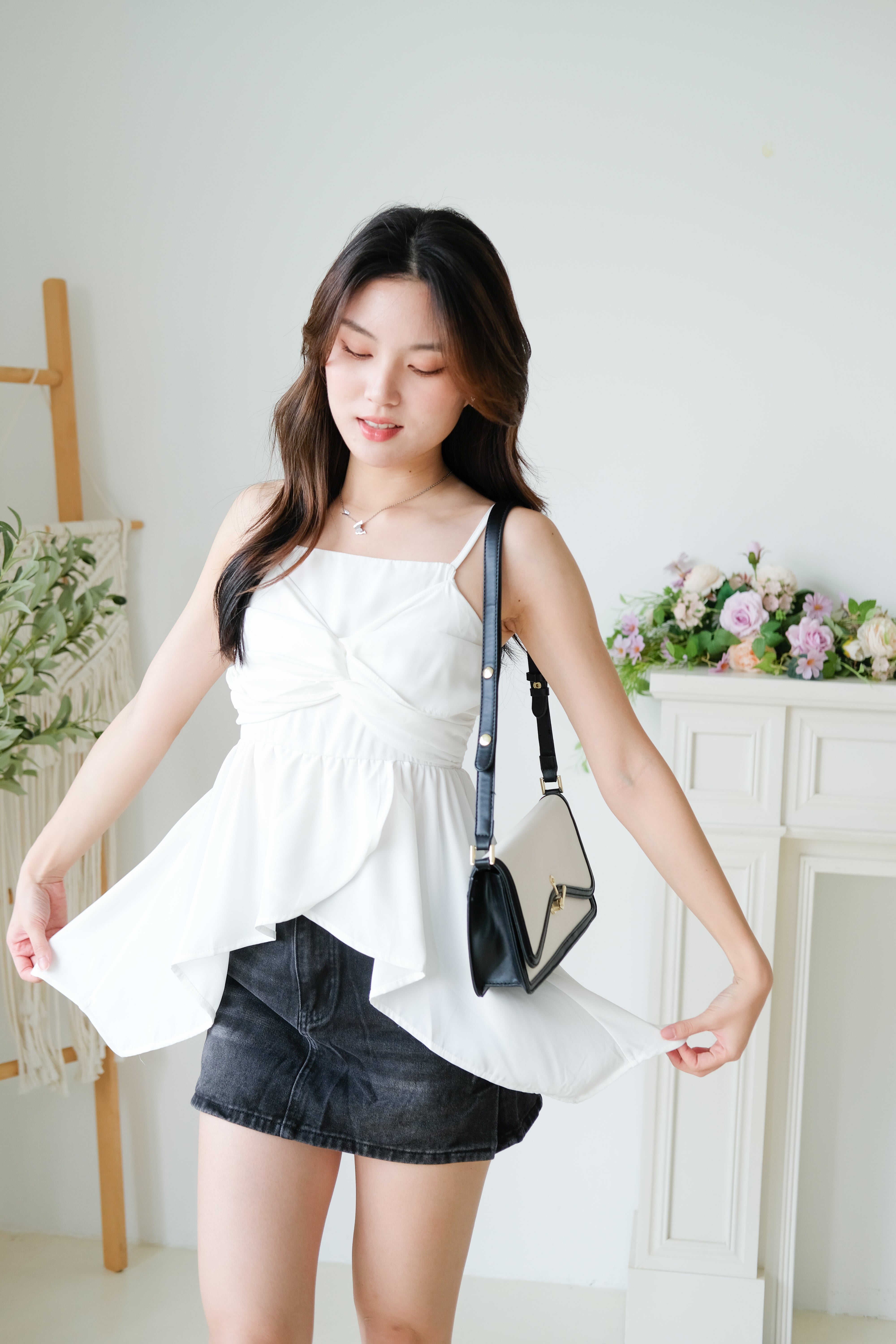 Natalie Twist Ruffle Asymmetrical Top (White)