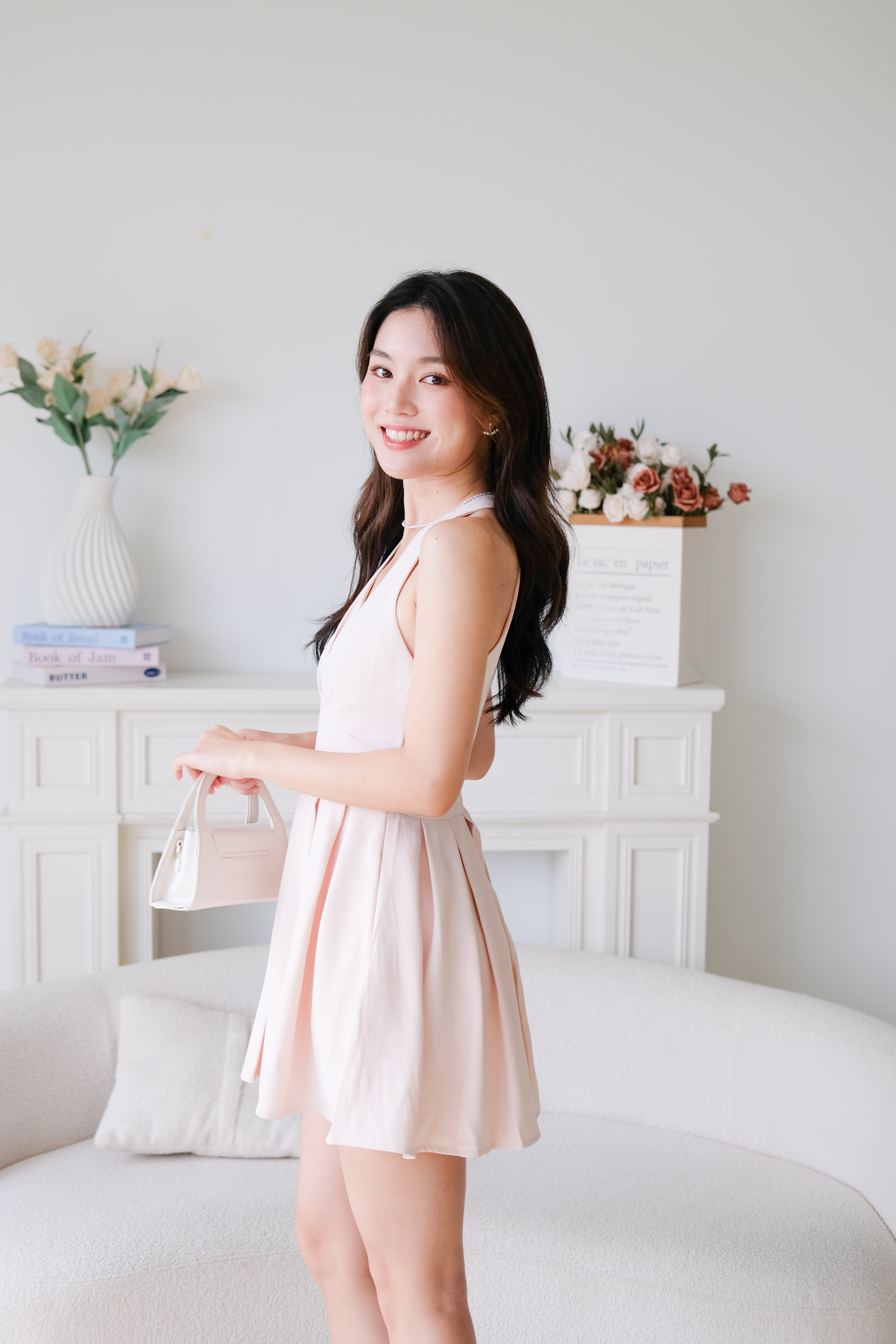 Moon Halter Pleat Dress (Baby Pink)