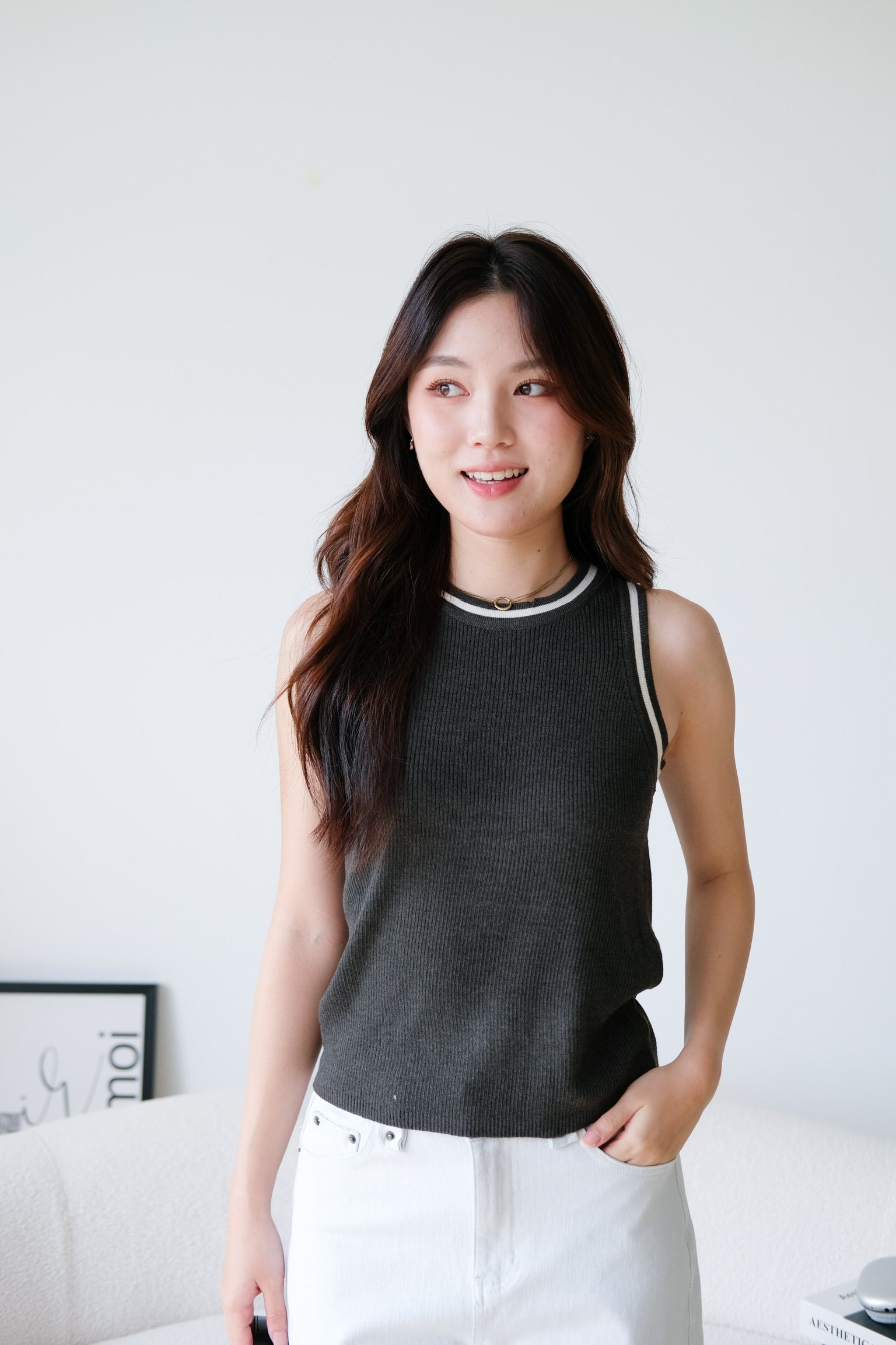 Kyara Contrast Knit Tank Top (Charcoal)