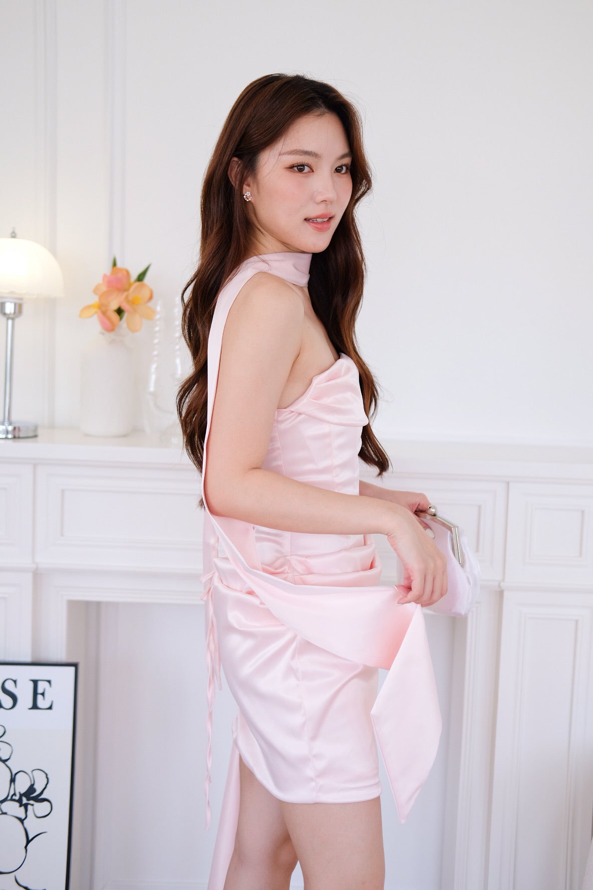 Gabriella Ruched Tube Satin Mini Dress (Light Pink)
